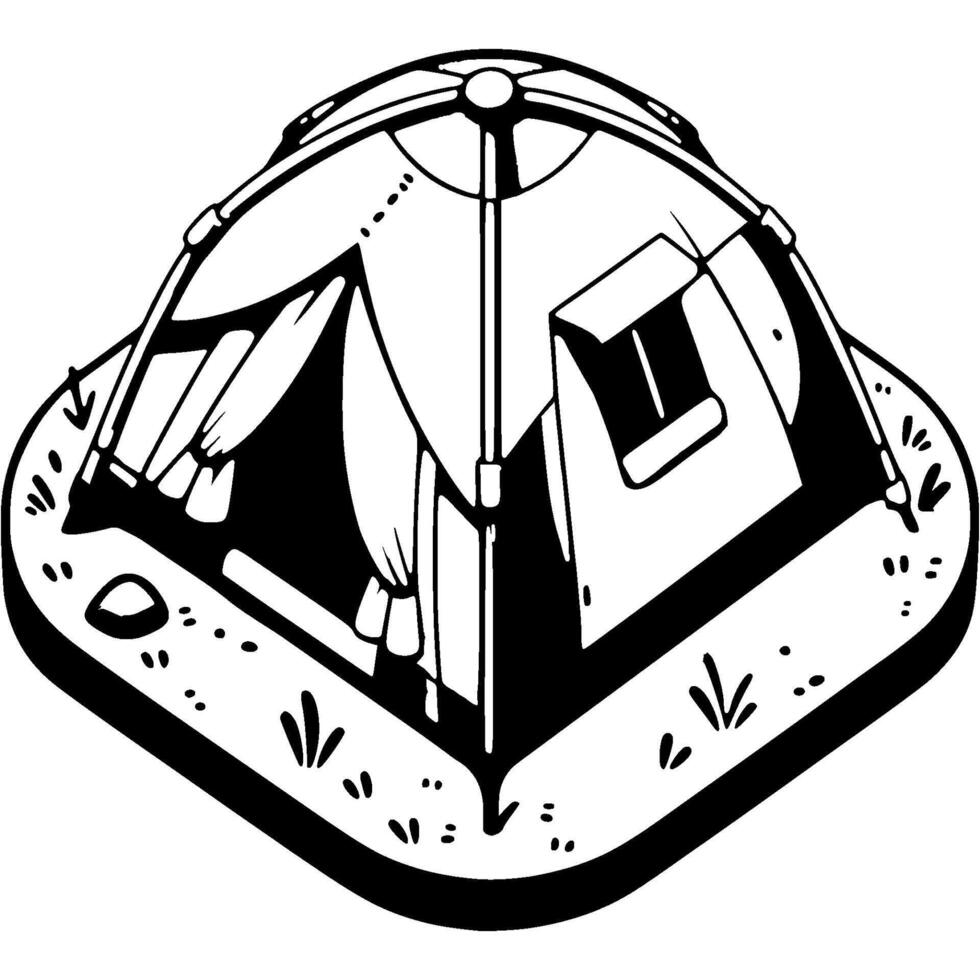 Traveler temporary awning in monochrome. Square camping tent. Simple minimalistic in black ink drawing on white background vector