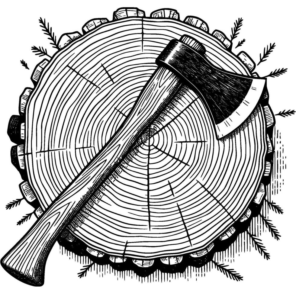 Tourist ax with wooden handle lies on felled tree in monochrome. Preparation of lumber for carpentry workshop. Simple minimalistic in black ink drawing on white background vector