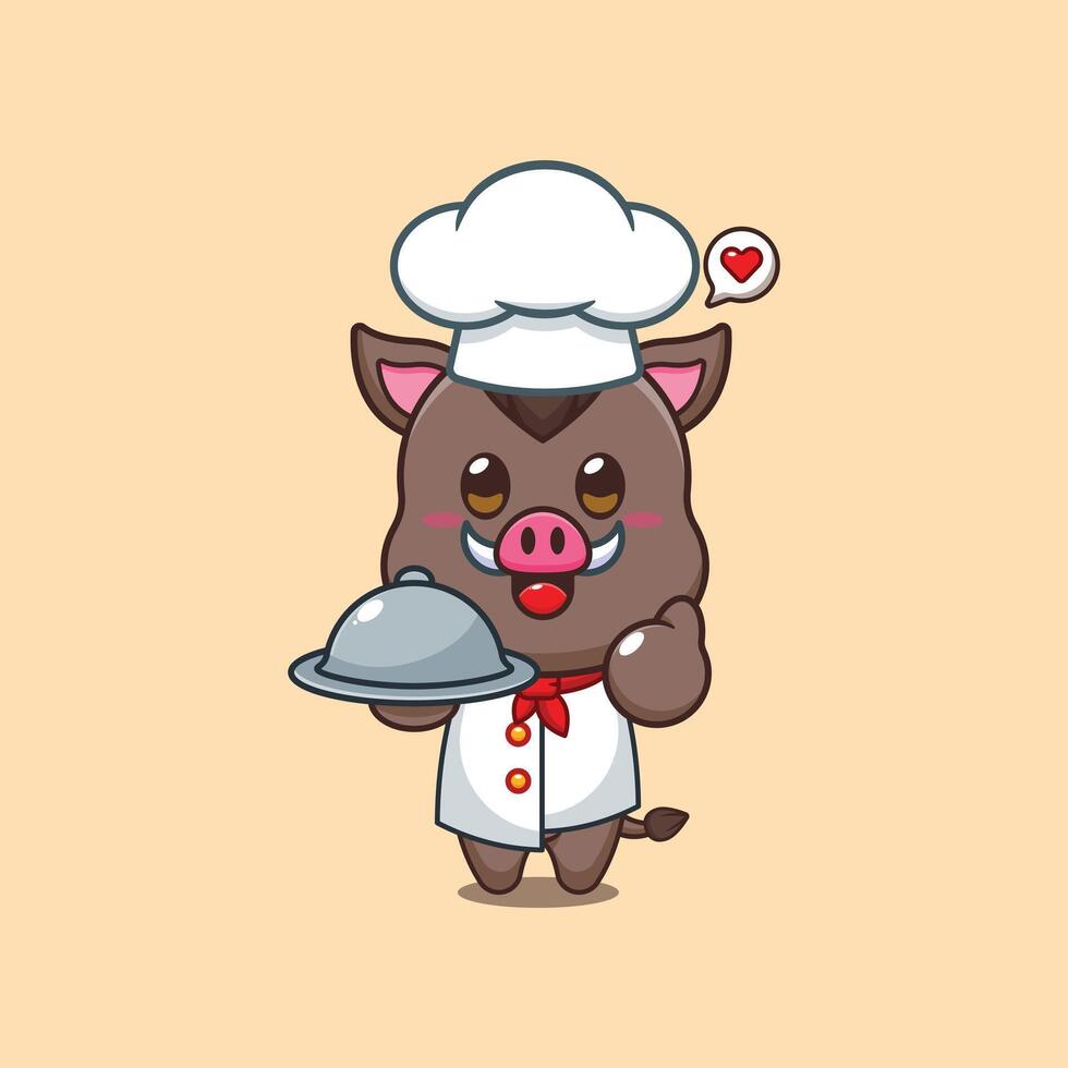Cute chef wild boar with dish cartoon illustration. vector