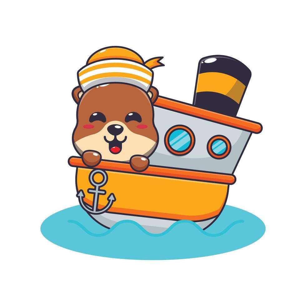 Cute otter mascot cartoon character on the ship vector