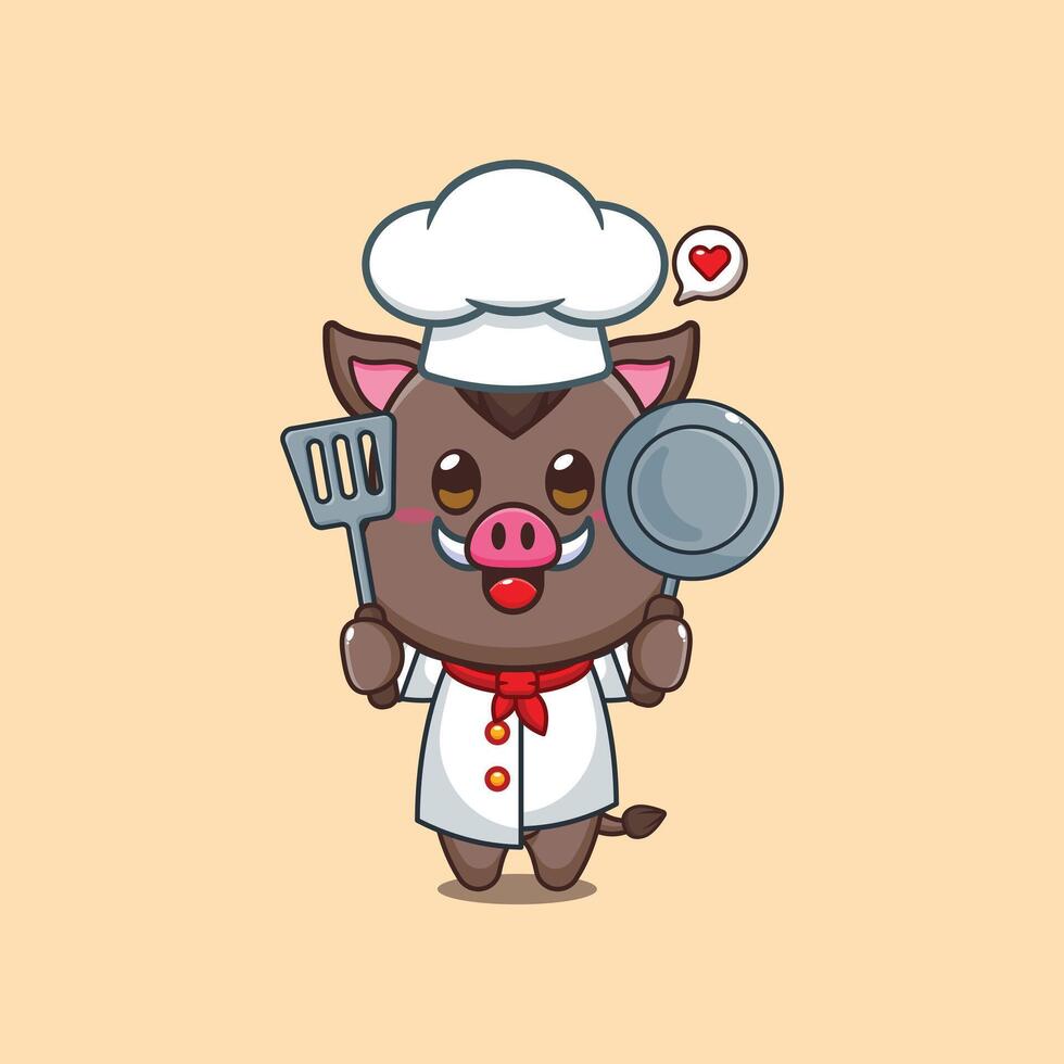 Cute chef wild boar cartoon illustration. vector