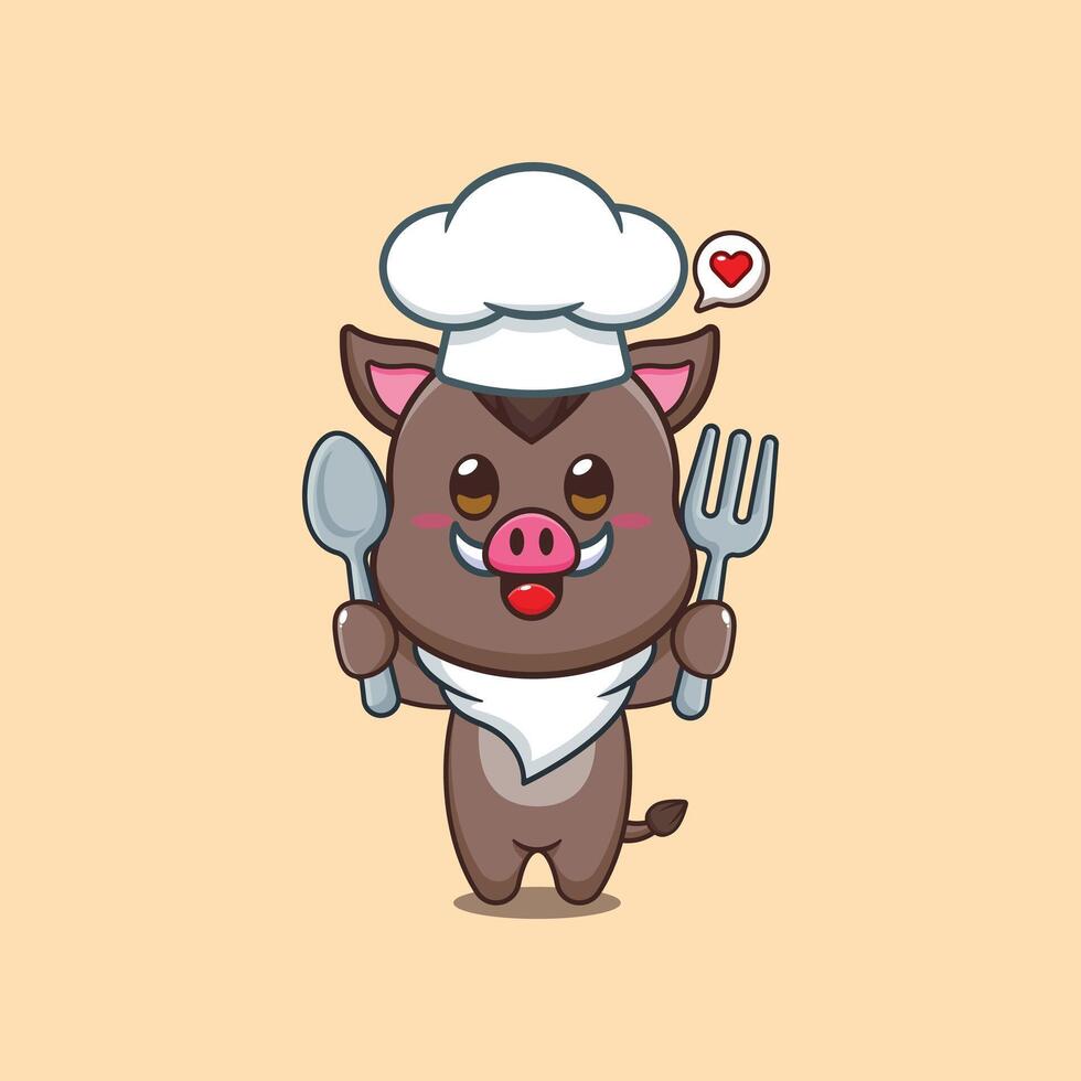 Cute chef wild boar holding spoon and fork cartoon illustration vector