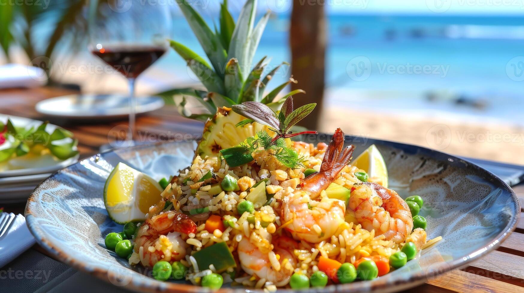 Thai fried rice with prawns served in bowl on beach table. Seaside dining at the ocean. Concept of tropical cuisine, romantic dinner, Asian cuisine, Thai traditional dish photo