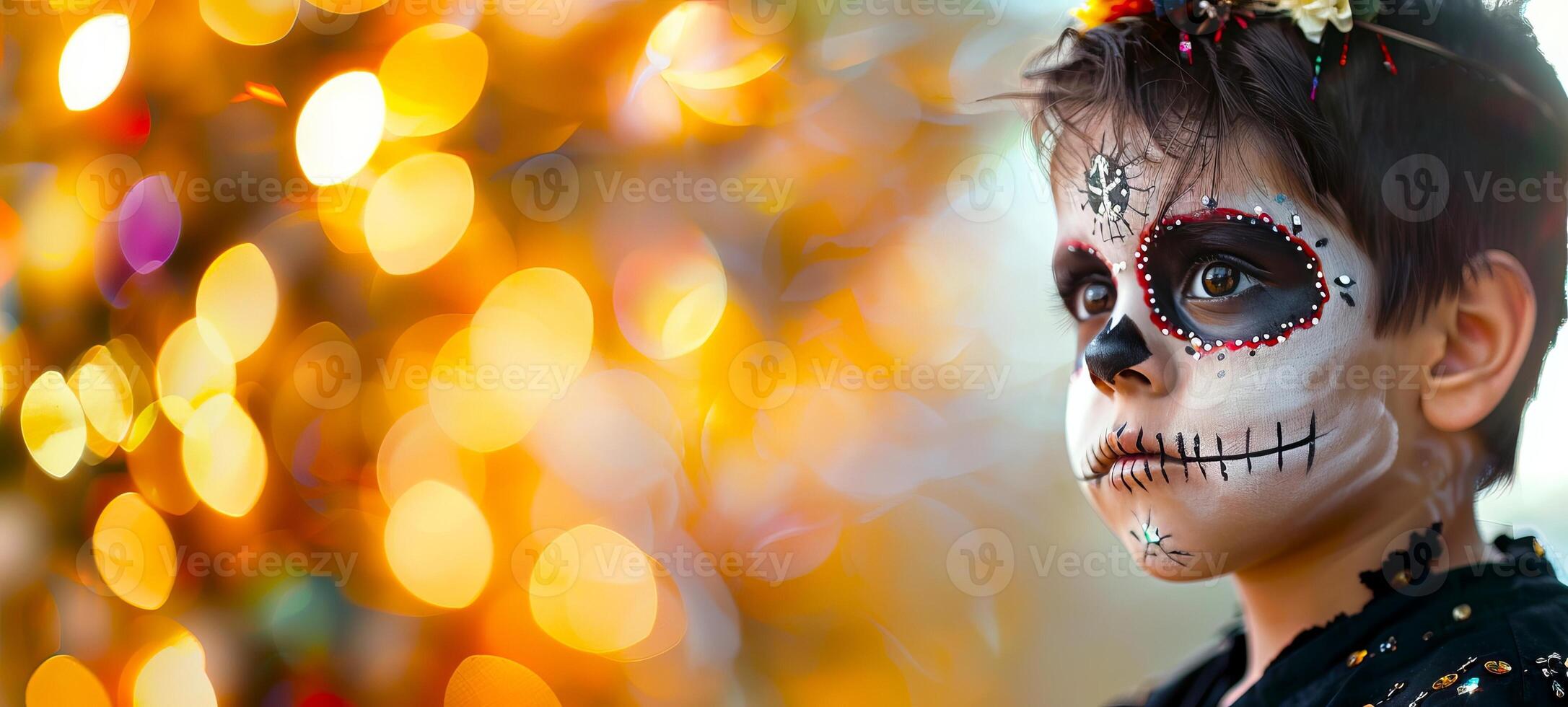 Hispanic boy with Day of the Dead face paint in front of festive bokeh lights. Dia de los Muertos makeup. Concept of cultural celebration, holiday traditions, face art, Halloween. Copy space photo