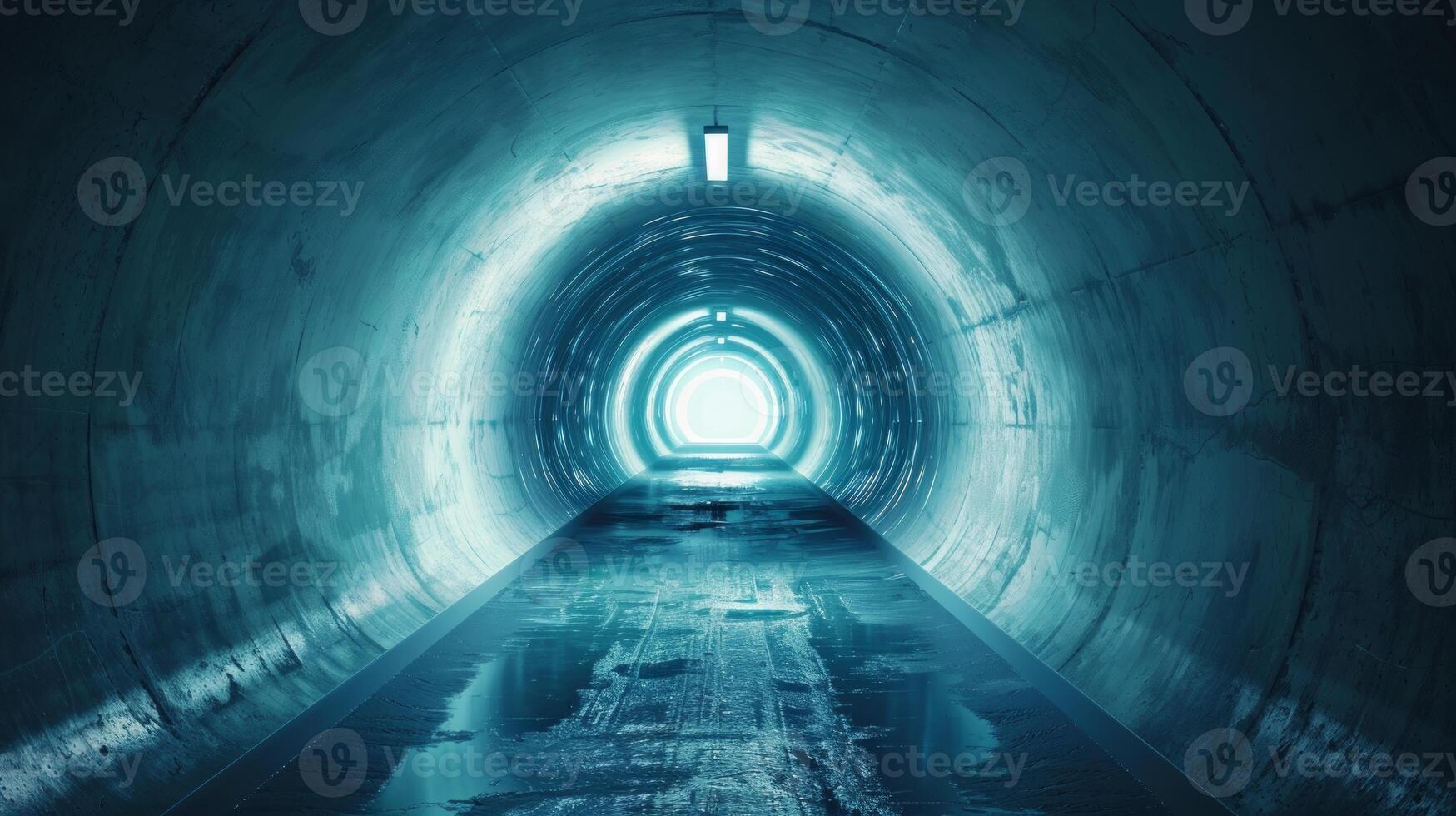 Underground tunnel with glowing light. Concept of passage, future, industrial design, and futuristic architecture. Light at the end of a tunnel photo