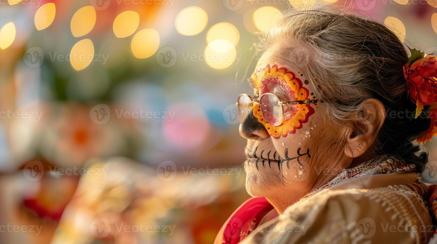 Elderly woman with colorful Day of the Dead makeup. Senior lady with Dia de los Muertos face paint. Concept of cultural heritage, festive celebration, traditional costume, Halloween. Copy space photo