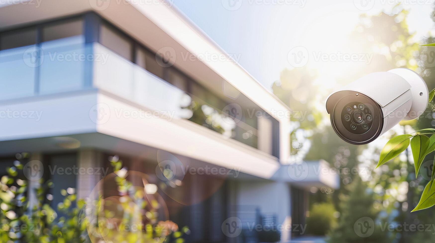 Security camera mounted on the wall of a modern house. Concept of home security, surveillance technology, safe living environment, smart home solutions photo