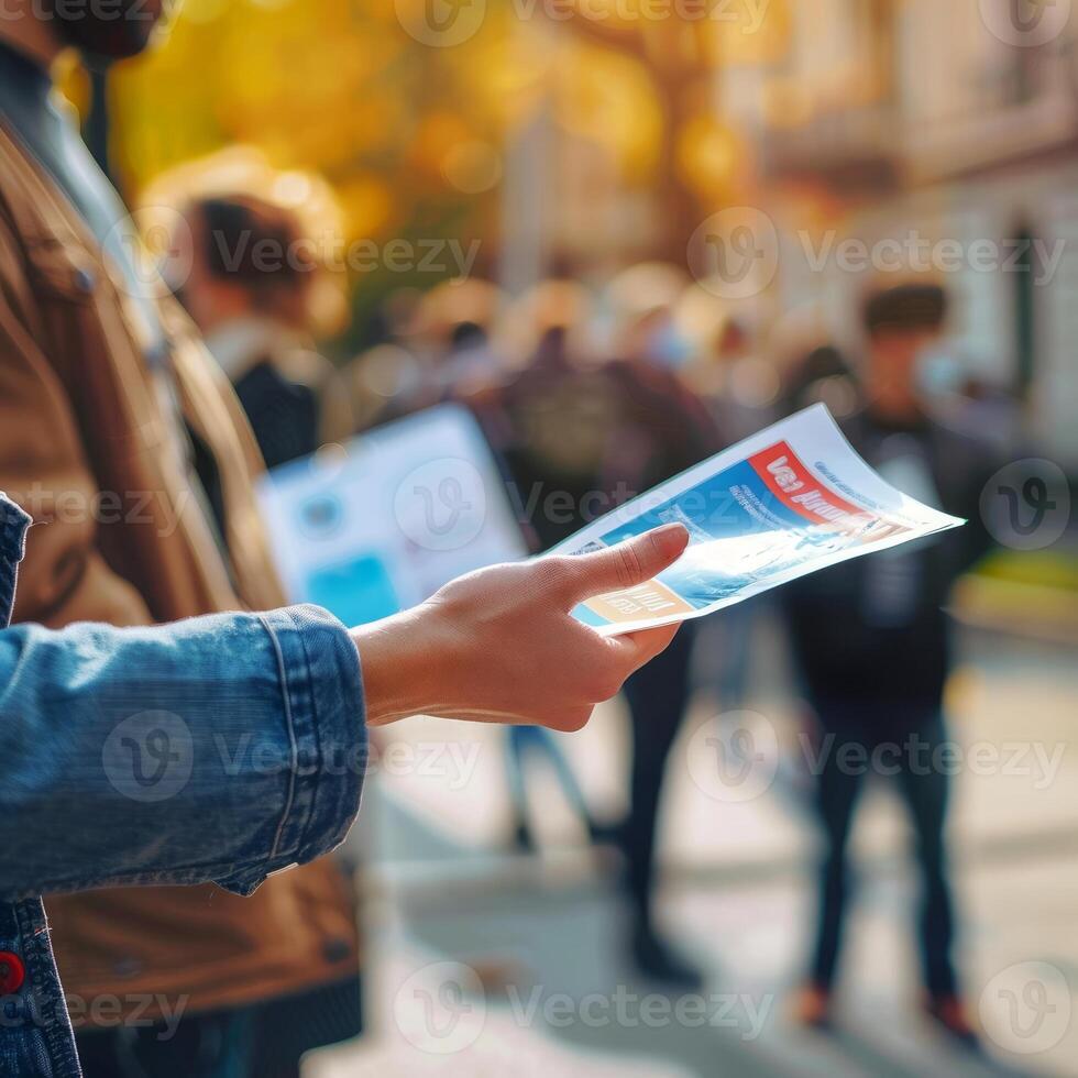 Woman distributing flyers on a busy urban street. Feale volunteer handing out pamphlets to pedestrians. Concept of advertising, public awareness, street marketing, and urban engagement. photo