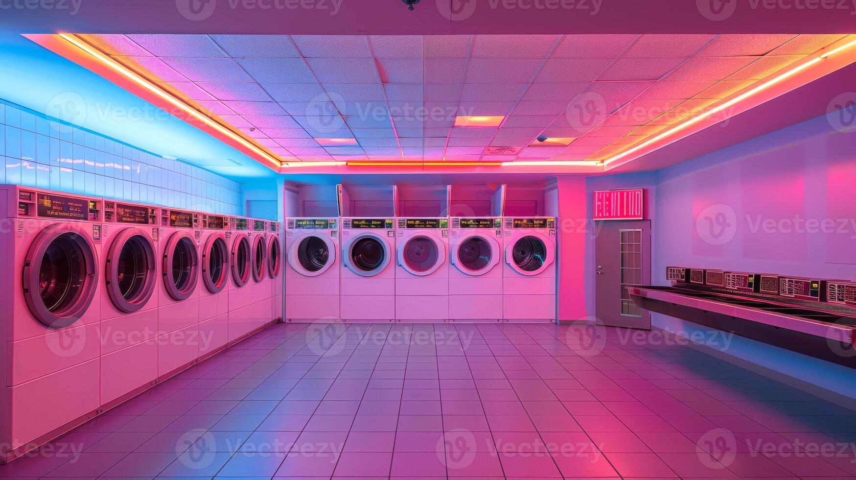 Sleek and modern laundromat equipped with high-tech machines and neon lighting. Futuristic laundry environment. Concept of advanced technology, public utility, efficiency. photo