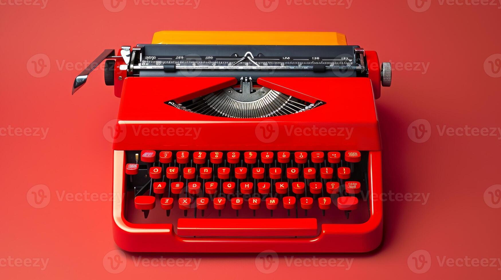 Retro red typewriter. Vintage typing machine. Concept of writing, nostalgia, and old-fashioned technology photo