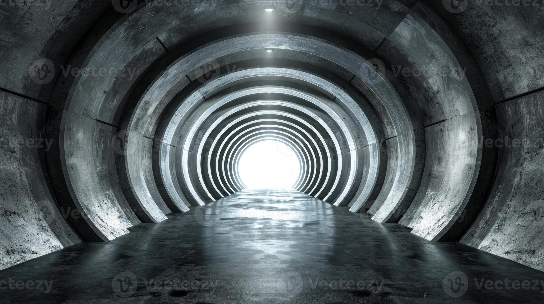 Light at the end of a tunnel with blue illumination. Concept of hope, journey, unknown destination, and enlightenment photo