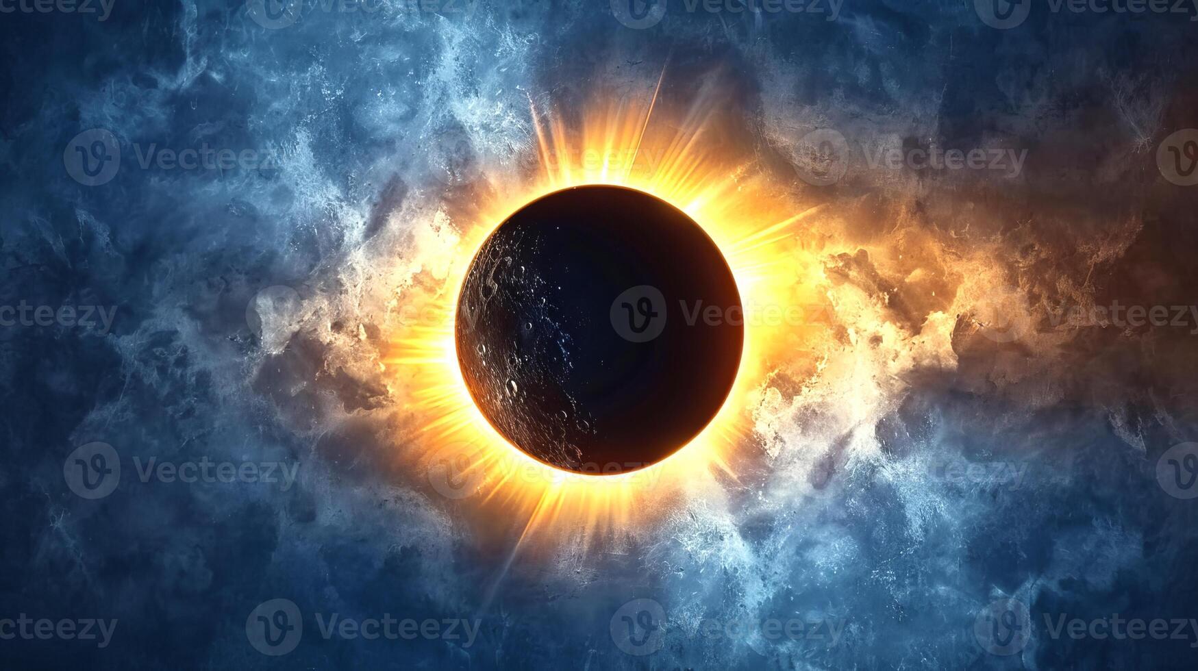 Dramatic solar eclipse with bright corona effect in the night sky. Majestic eclipse phenomena with glowing solar light. Concept of astronomical event, celestial wonder, natural spectacle photo
