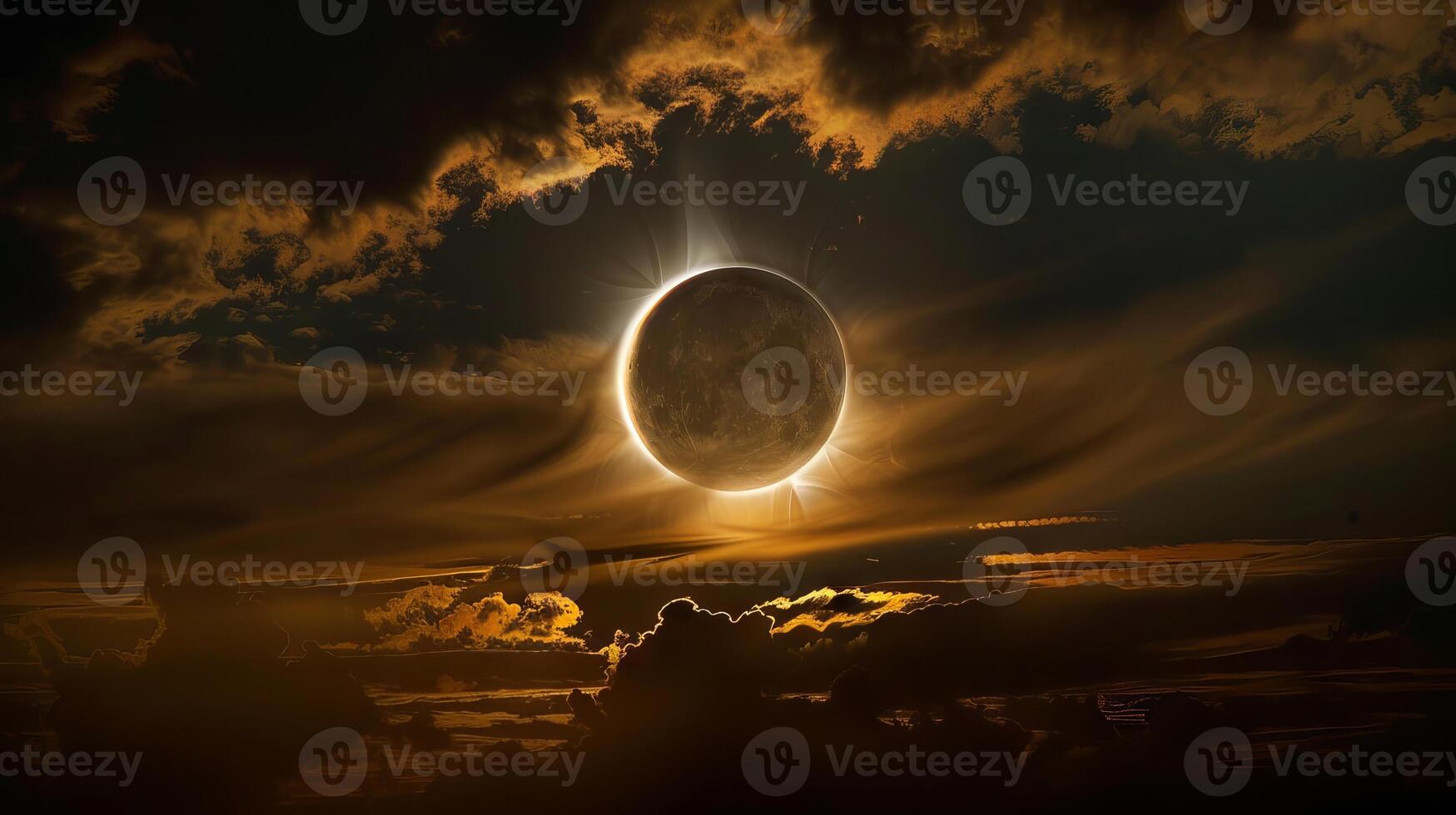 Solar eclipse with a glowing corona surrounded by dramatic clouds. Eclipse casting shadows in a dark sky. Concept of astronomy, celestial events, solar phenomena, and cosmic spectacle photo