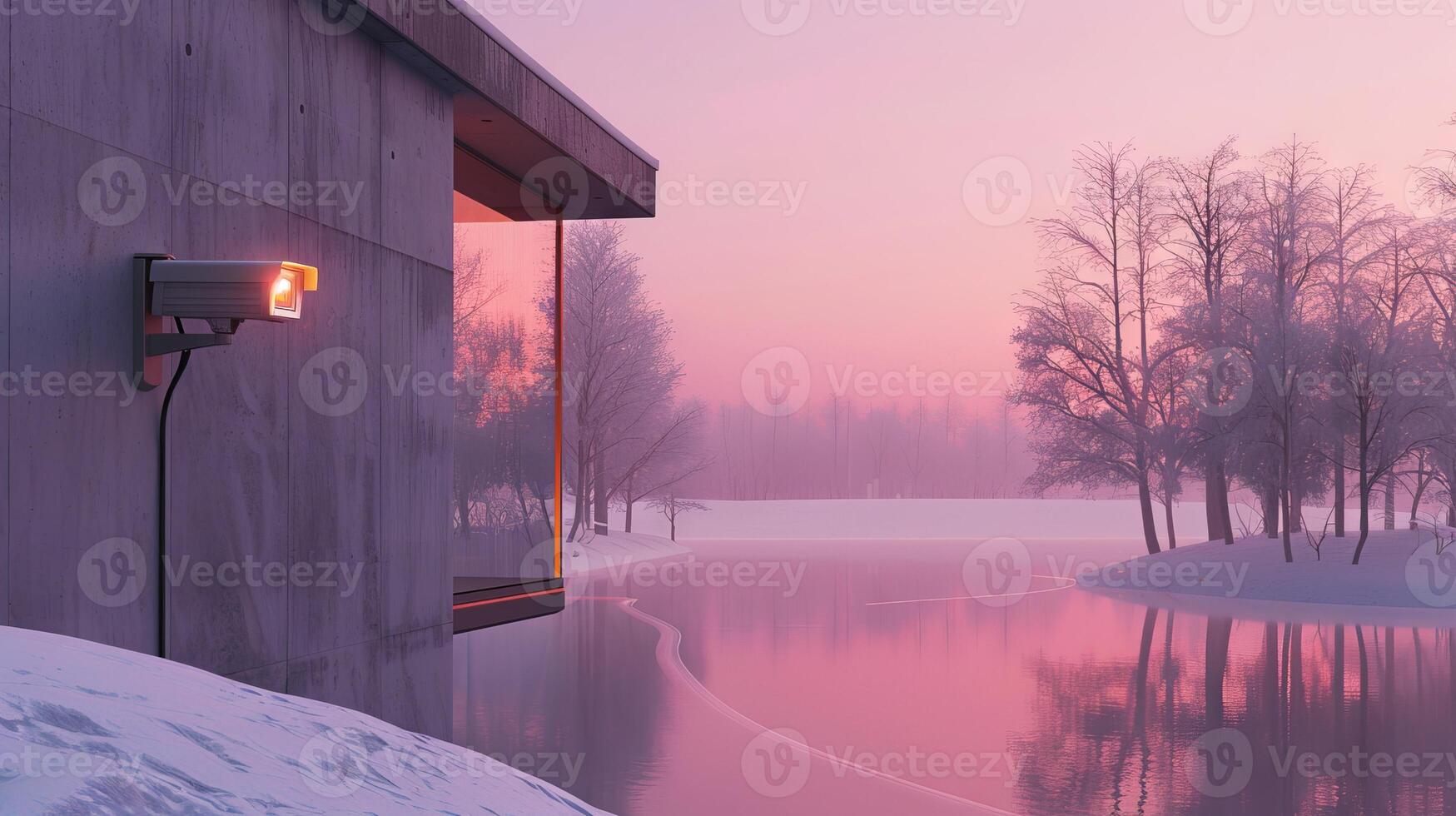 Modern concrete house with a security camera by a serene winter lake. Tranquil sunset. Concept of surveillance, modern architecture, peaceful nature, landscape photo