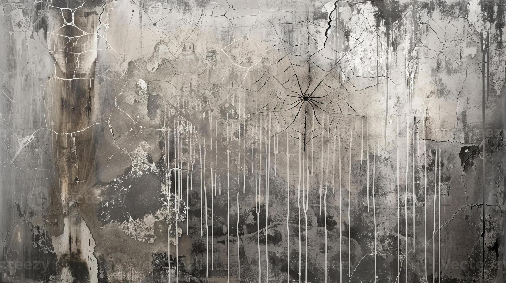 Abstract textured wall with spider art, spiderweb and paint drips. Concept of decay, urban art, rustic design, eerie atmosphere, Halloween. texture. Banner. Copy space photo