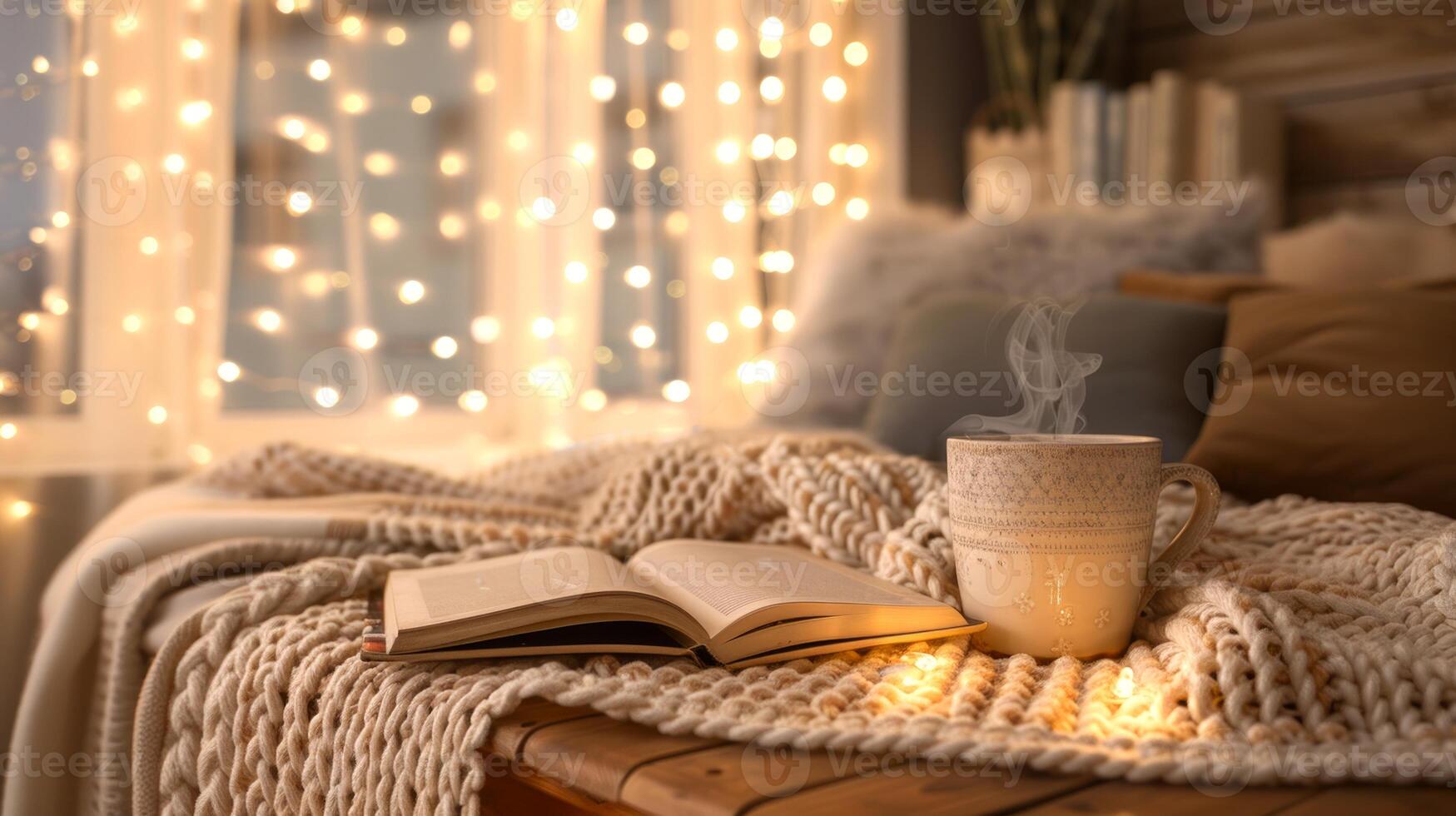Cozy scene with an open book next to a cup of hot cocoa and knit blanket by a lit Christmas tree. Concept of reading, winter, relaxation, festive season, Christmas photo