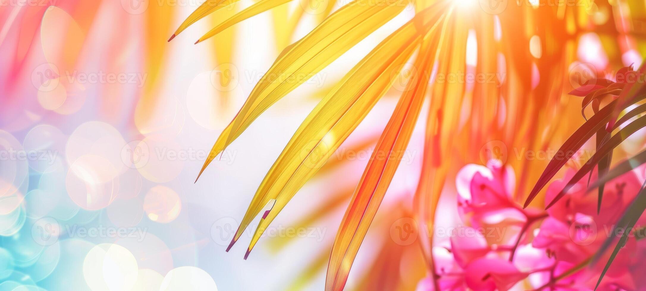 Bright summer tropical background with vibrant colorful palm leaves and bokeh effect. Trendy botanical wallpaper with soft colors. Festive mood. Summer vibes. Banner. Copy space. Mockup for design photo