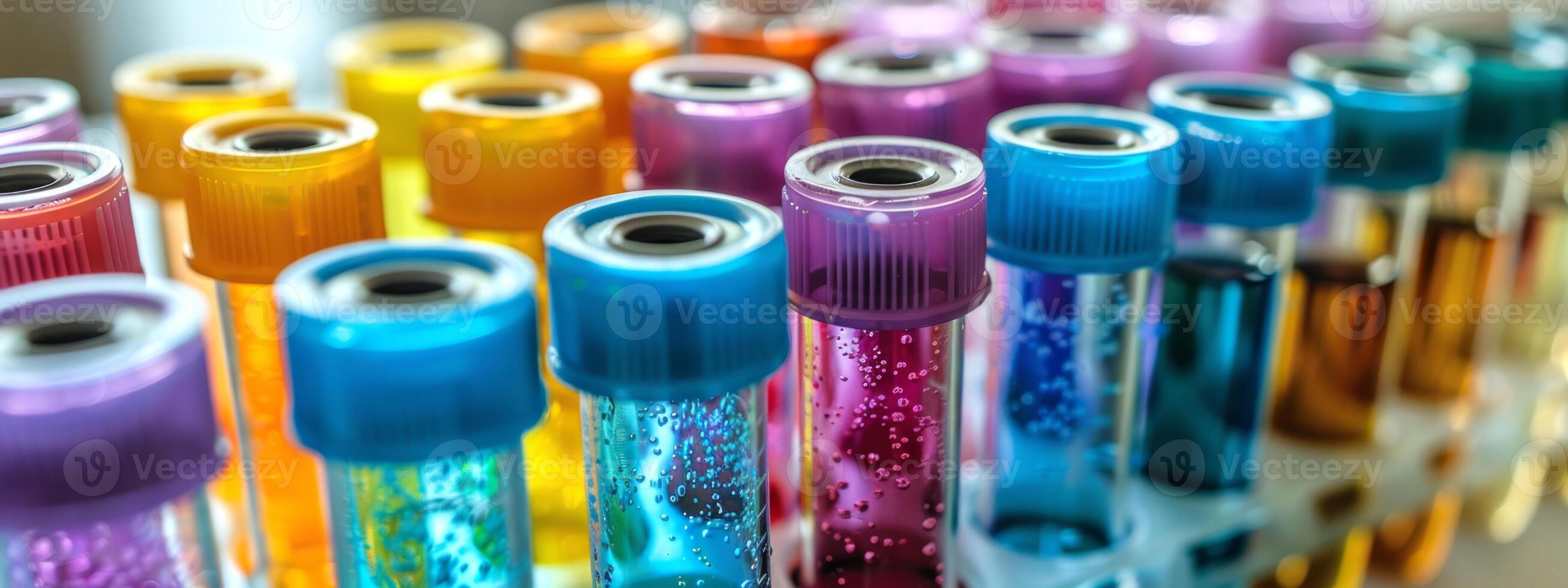 Colored liquids in test tubes arranged in a row in a laboratory setting. Concept of science, experiment, chemistry, research photo