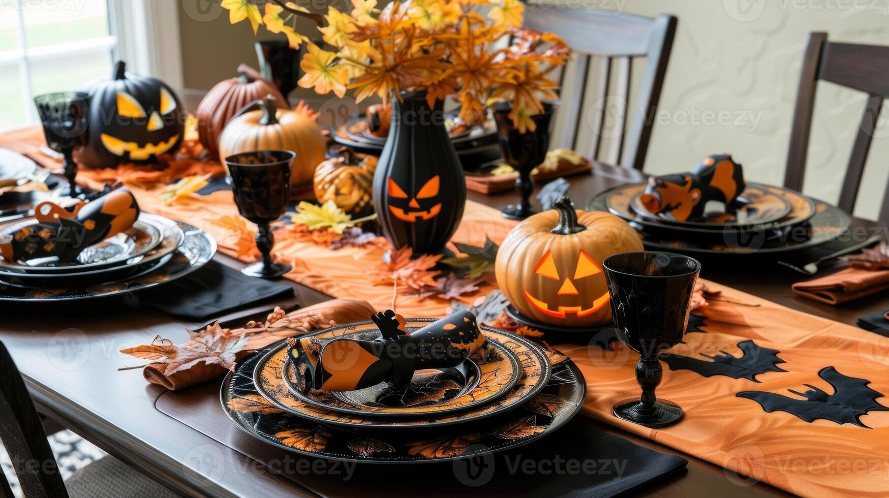 Festive Halloween-themed dinner table setting with jack-o-lanterns and autumn decorations. Concept of fall, holiday, festive dining, seasonal celebration photo