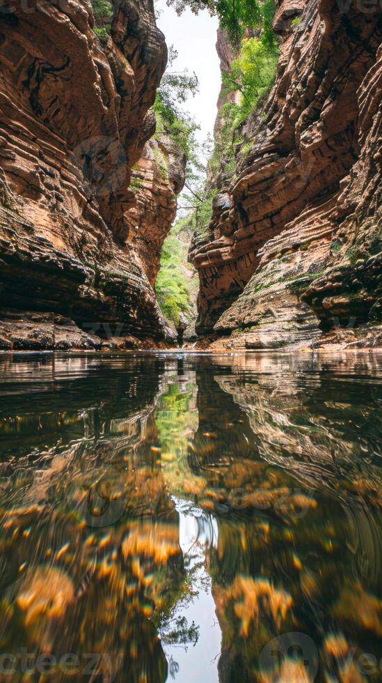 Serene canyon mirrored in a tranquil river with lush greenery. Calm gorge reflected in clear water with plants. Concept of natural beauty, tranquility, outdoor scenery, nature. Vertical photo