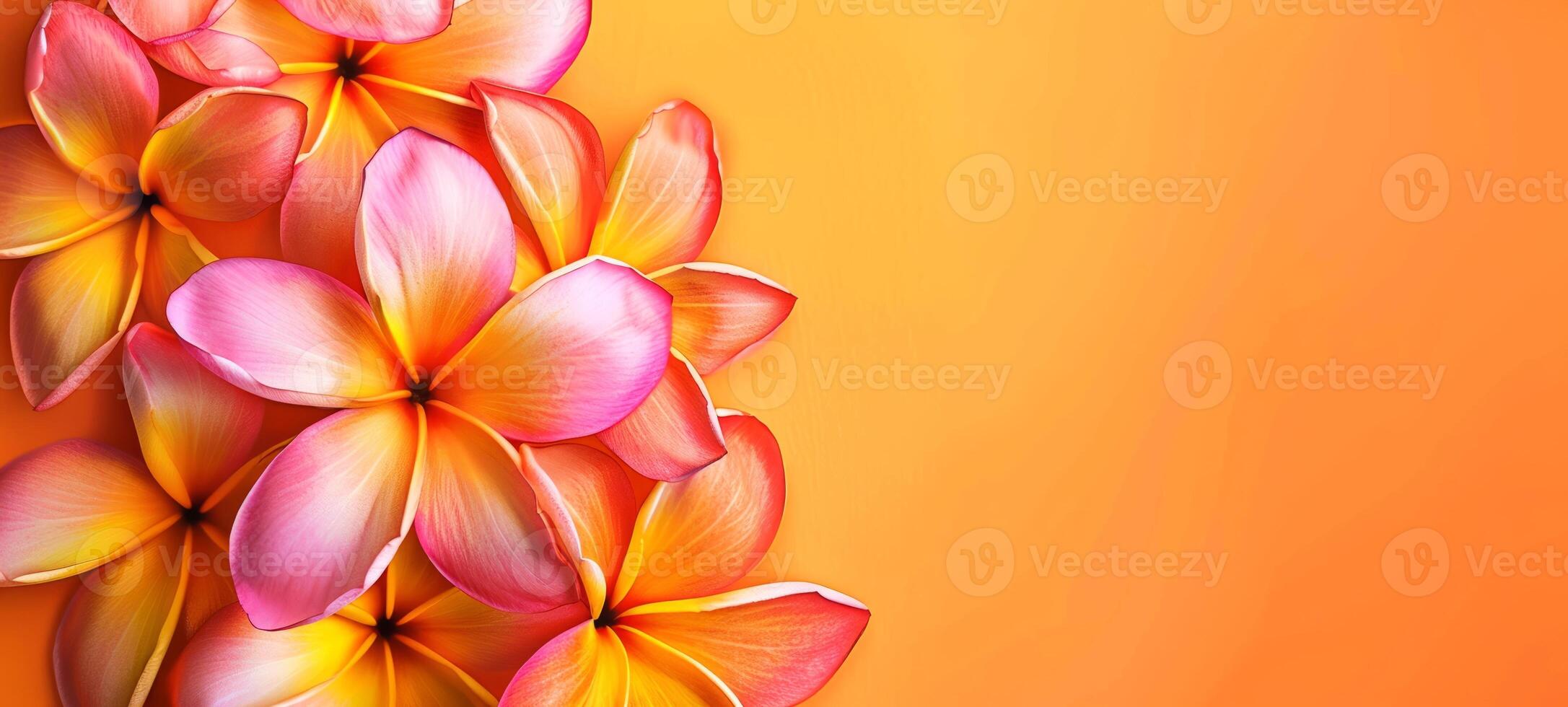 Bright orange frangipani flowers on a solid background. Vibrant plumeria arrangement, isolated on orange. Concept of vivid floral display, tropical beauty, and design elements. Banner. Copy space photo