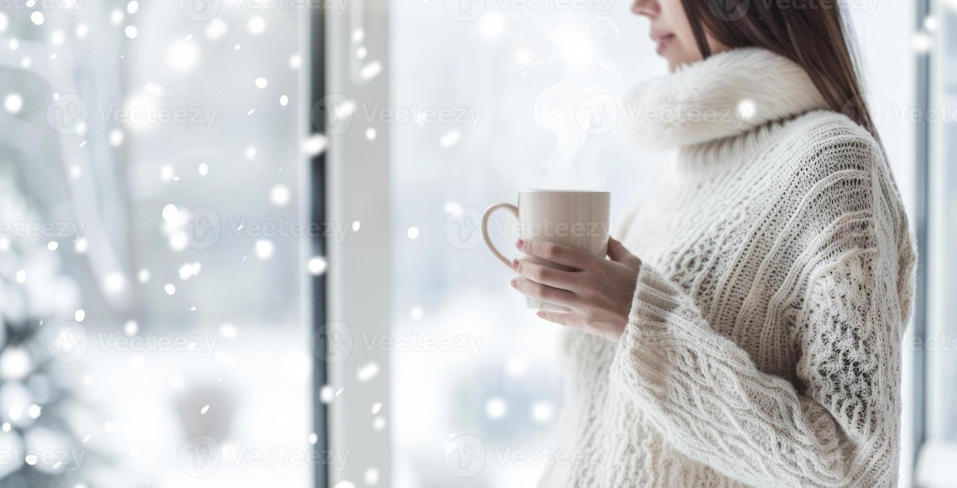 Caucasian woman in a cozy white sweater holding a steaming mug by a window. Concept of warmth winter serenity and relaxation. Banner. Copy space. Christmas, New Year photo
