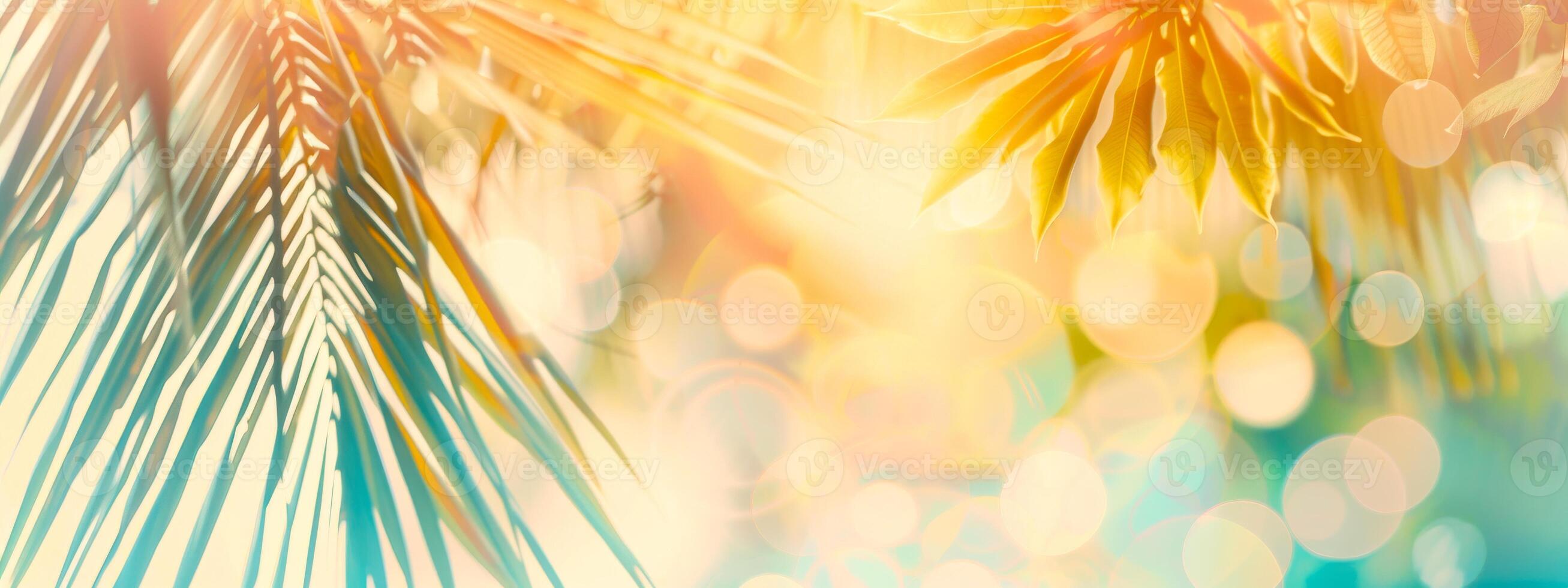 Bright summer tropical backdrop with green pastel palm leaves and bokeh effects. Trendy botanical wallpaper with soft colors. Wide banner. Copy space. Mockup for design. Sunlight photo