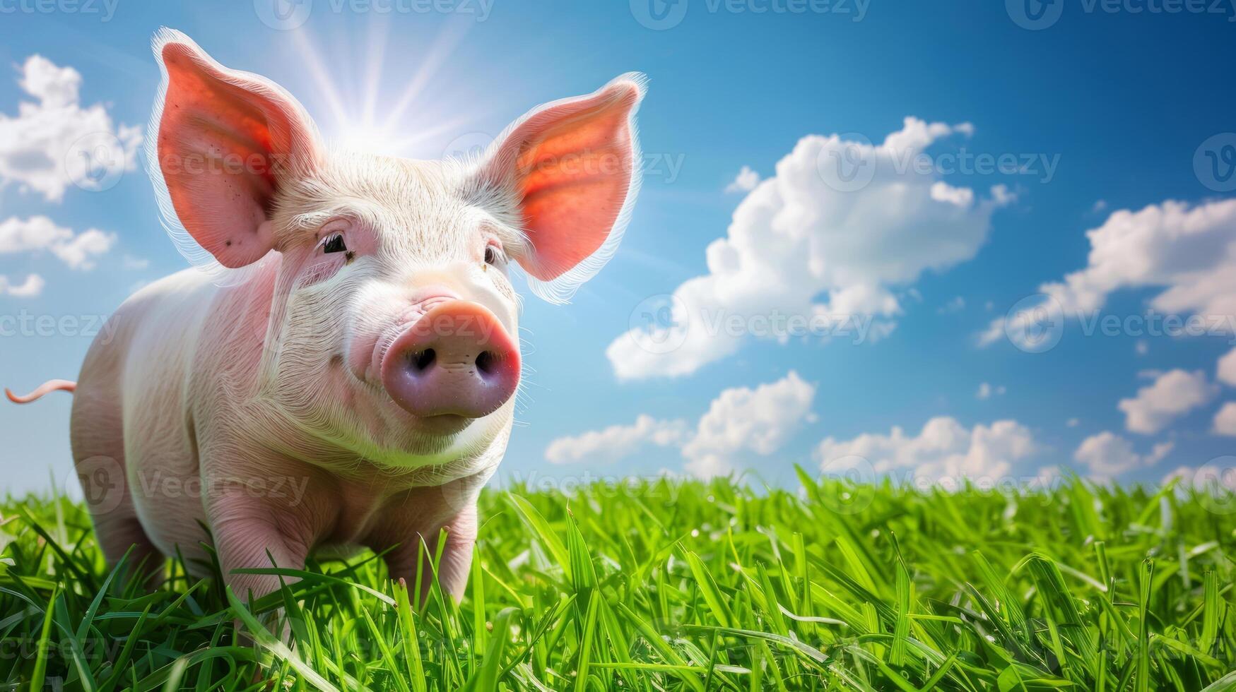 Adorable piglet standing on lush green grass under a bright blue sky with clouds. Young farm animal. Concept of nature, agriculture, rural life, livestock photo