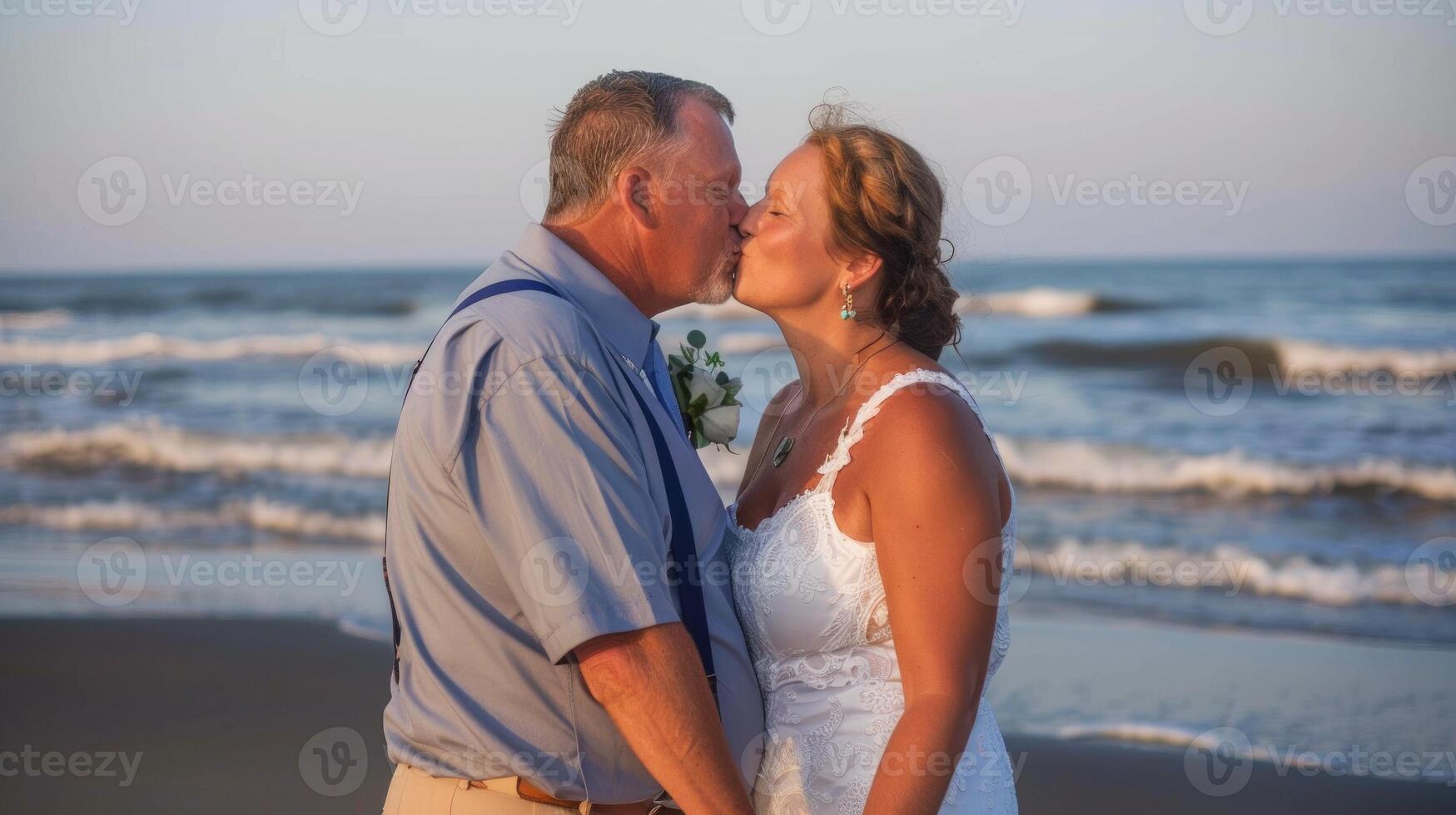 Caucasian middle aged couple kissing on a beach. White pair embracing at seaside. Concept of romance, love, wedding, beach ceremony photo