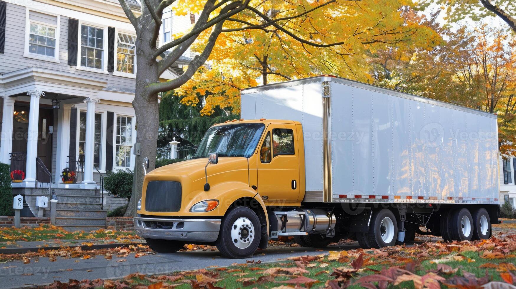 Yellow delivery truck parked in front of a suburban house in autumn. Cargo transportation, logistics, residential neighborhood, seasonal concept photo