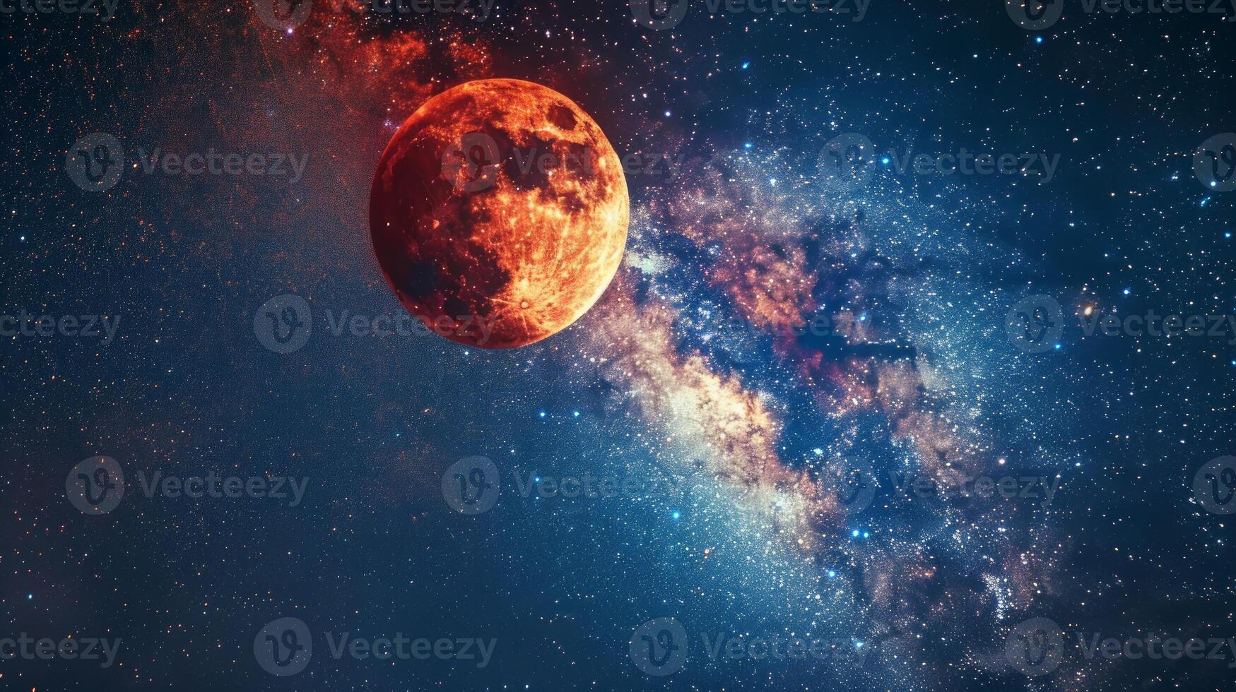 Total lunar eclipse showing the moon in deep red color, framed against star-filled sky, emphasizing vivid color contrast and celestial wonder. Concept of eclipse, space phenomena, astronomy event photo