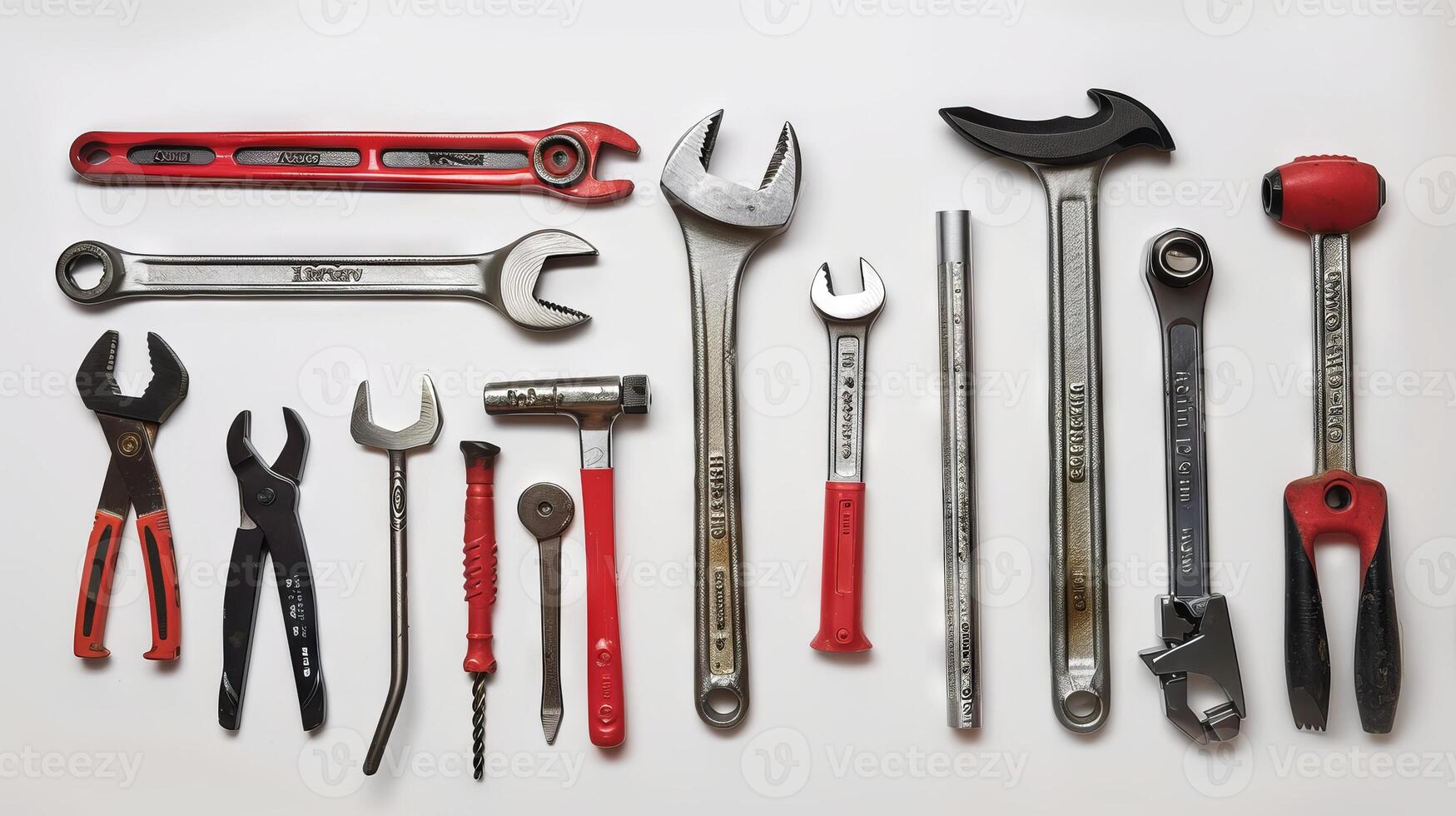 Various hand tools against a light background. Wrenches, pliers, and hammers. Concept of tools, repair, construction, DIY photo