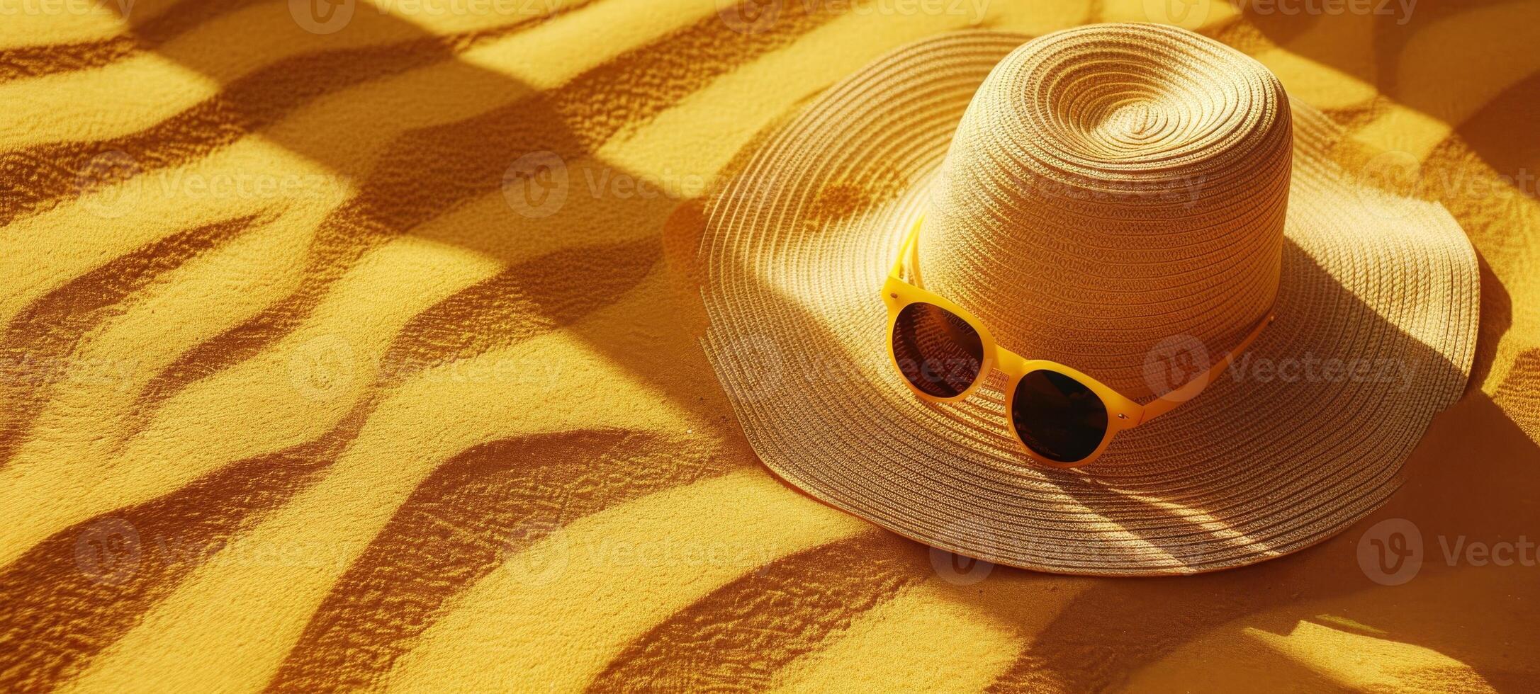 Straw hat and sunglasses on bright yellow sandy shore. Essential items for a beach vacation. Concept of coastal living, serenity, and sun protection. Copy space. Banner photo