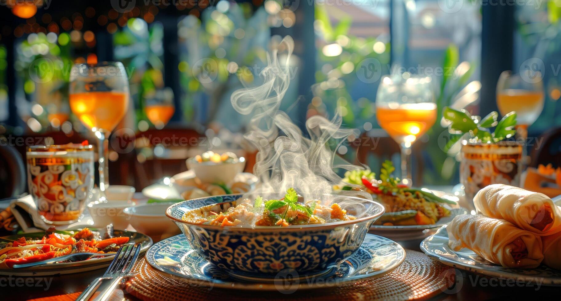 Thai banquet table set in a traditional restaurant. Assortment of Thai dishes with steam rising, under warm lighting. Concept of Asian dining experience, cultural feast, authentic cuisine photo