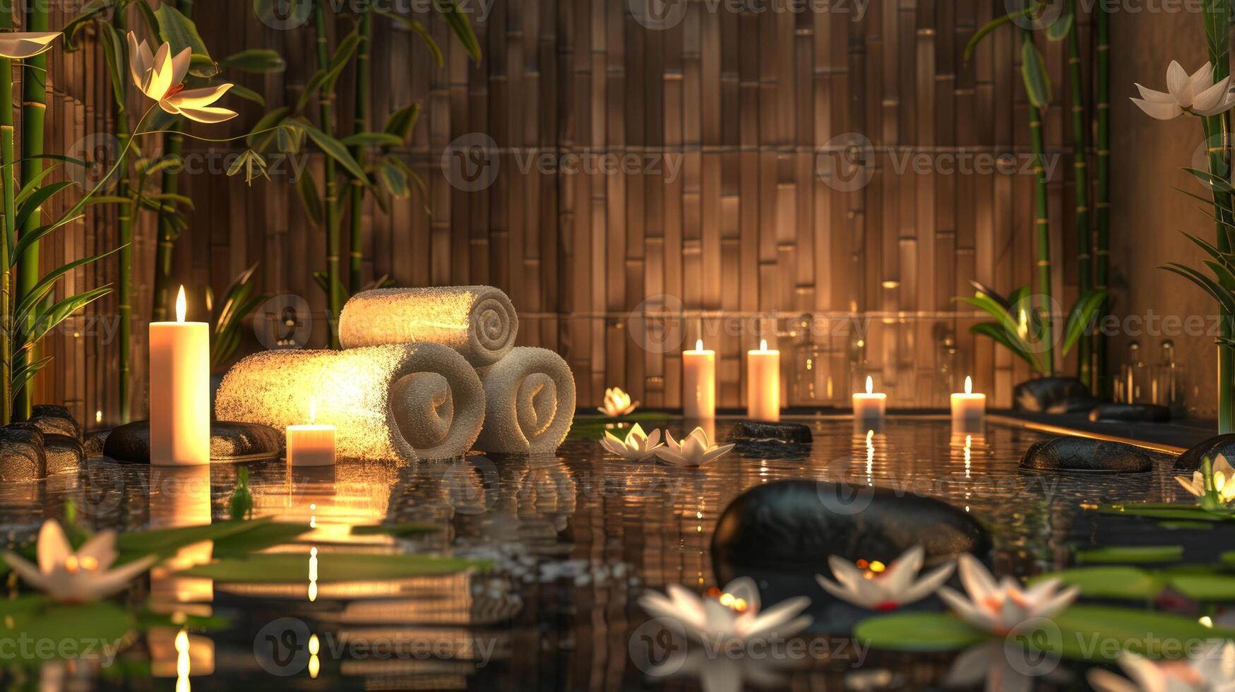 Elegant spa setting with lit candles, flowers, towels, smooth stones. Calming wellness retreat for relaxation. Concept of luxury Thai spa, tranquility, self-care, indulgence. Banner. Space for text photo