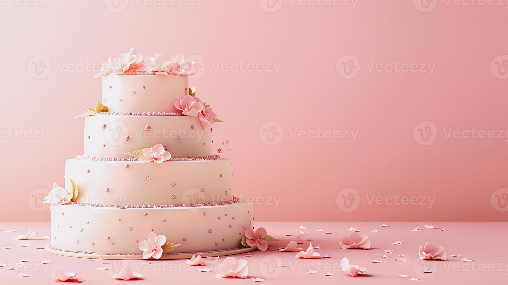 Elegant four-tier pink wedding cake with floral decorations. Perfect for wedding invitations, party decorations, and event planning. Copy space photo