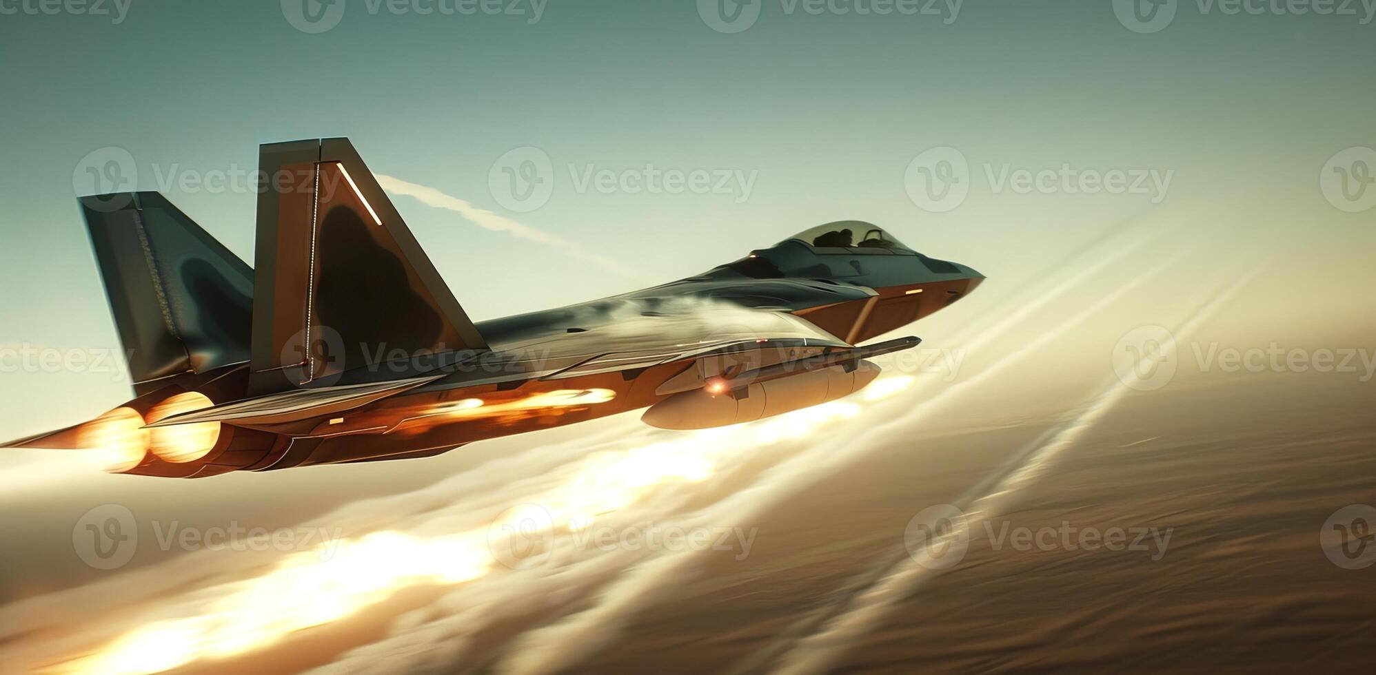 Military fighter jet in flight with afterburner glow. Combat aircraft soaring with fiery propulsion. Concept of aviation, military technology, aerial maneuvers, and advanced engineering photo