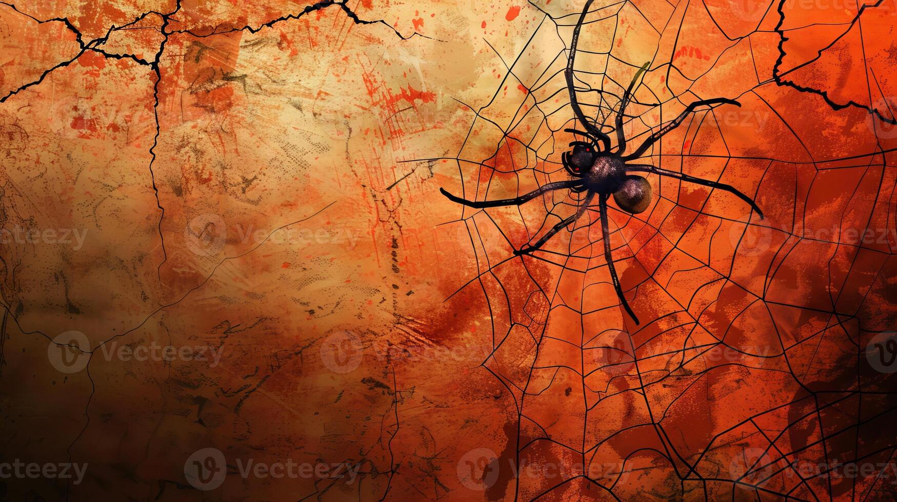 Spider on an abstract cracked wall background with web. Halloween theme, creepy atmosphere, arachnid insect, dark mood. Banner. Copy space photo