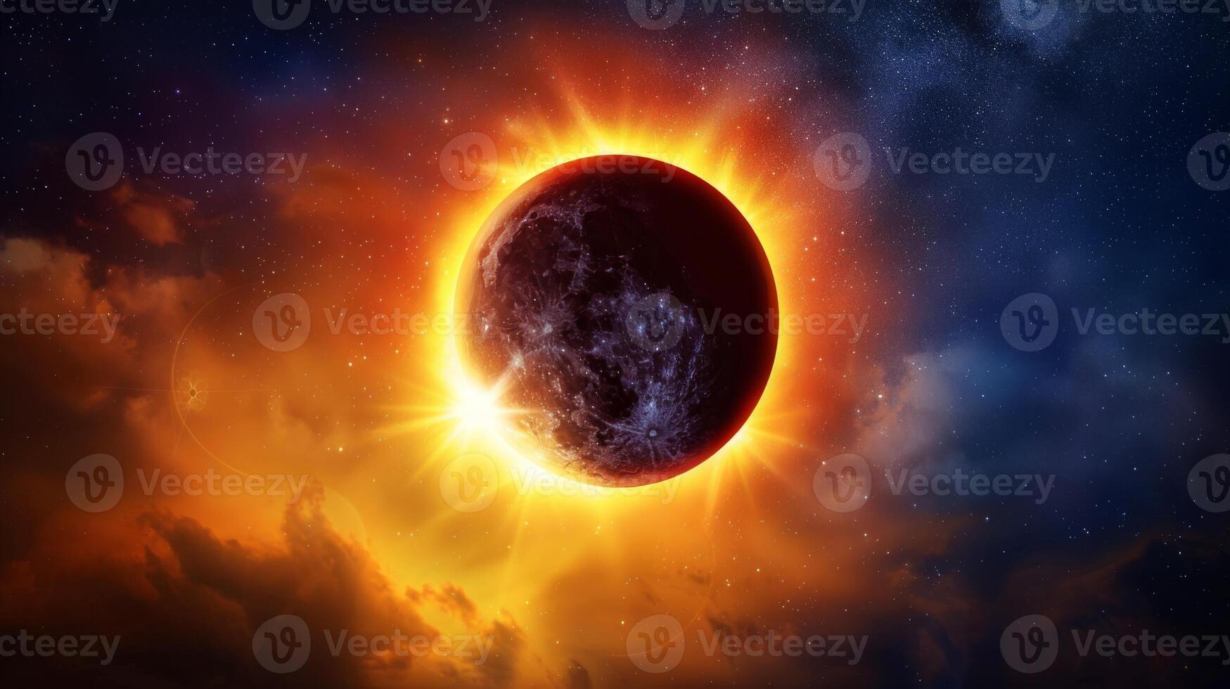 Radiant solar eclipse in a starry sky. Eclipse with glowing corona. Concept of solar observation, celestial phenomena, cosmic events, and astronomy photo