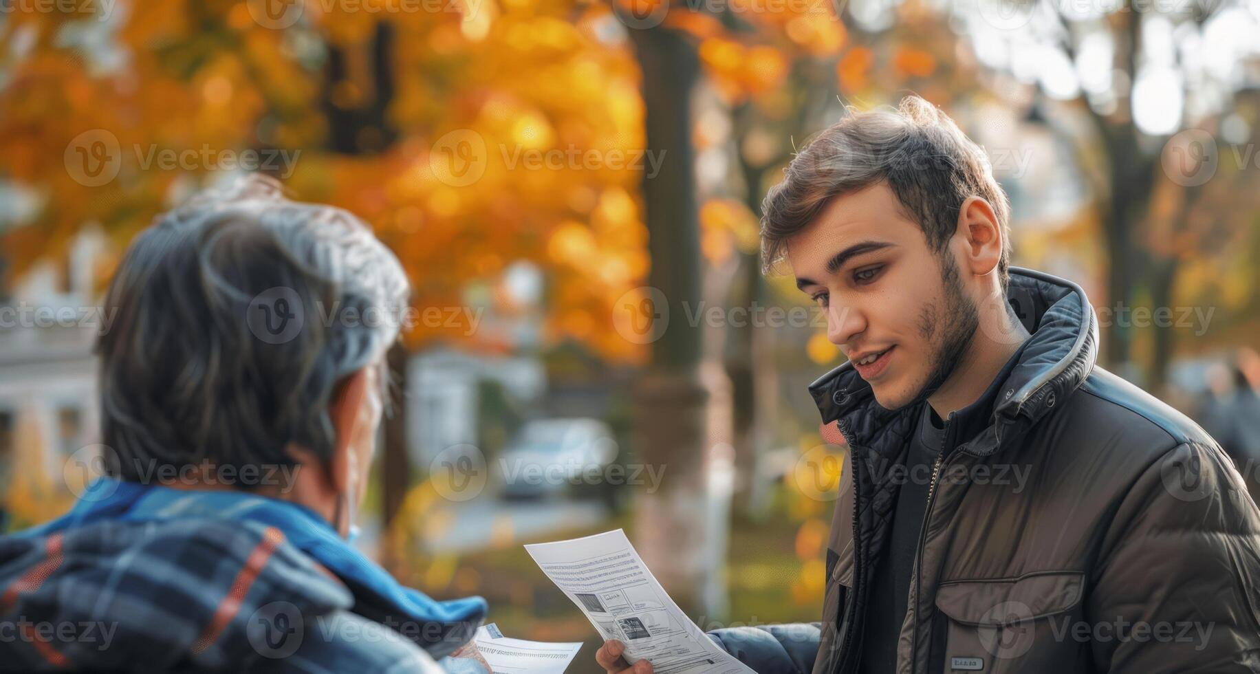 Young Caucasian volunteer discussing a political flyer with an elderly man in an autumn park. Volunteer campaigning. Concept of political engagement, community involvement, elections photo