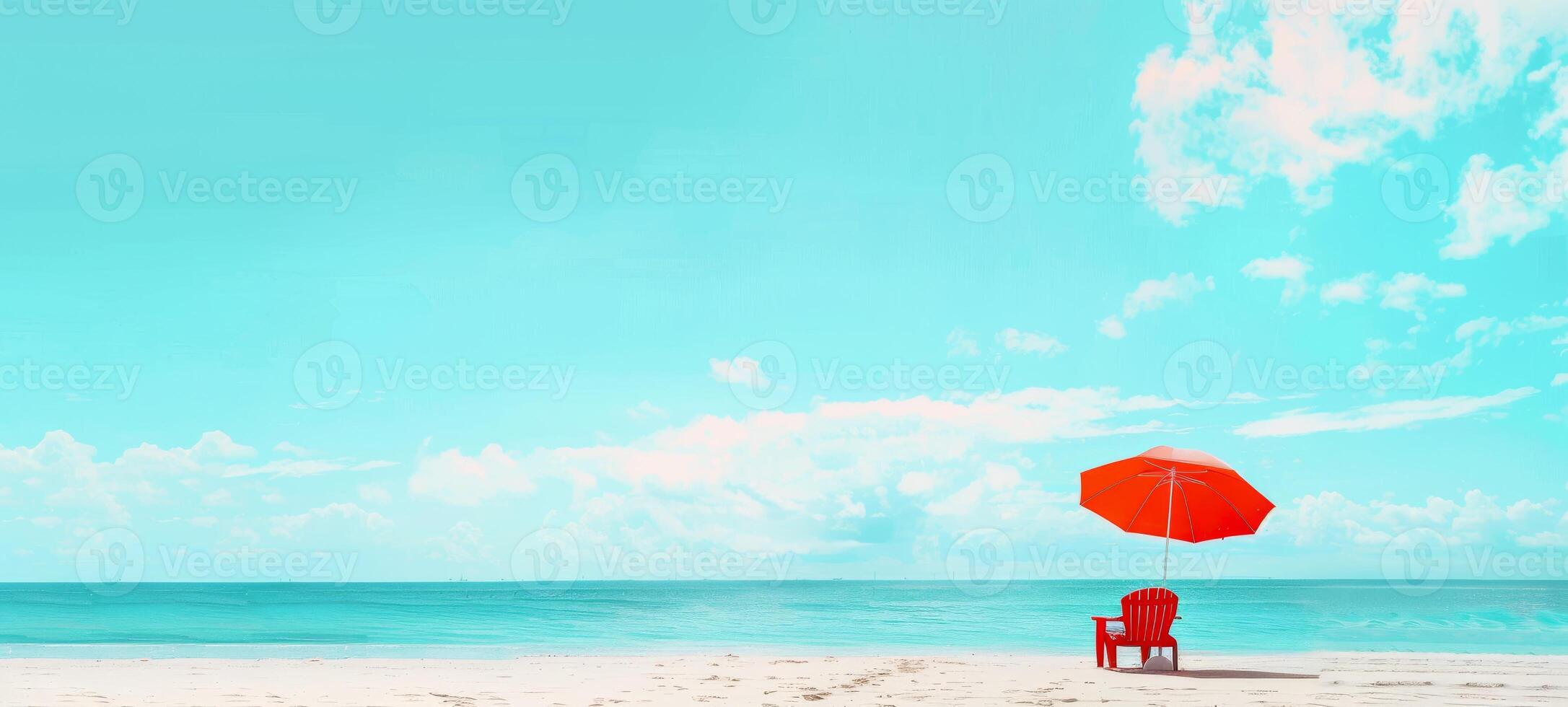 Beach umbrella with chair on sandy beach. Single umbrella and chaise lounge setup by the sea. Concept of relaxation, beach leisure, sun protection, and vacation. Banner. Copy space photo