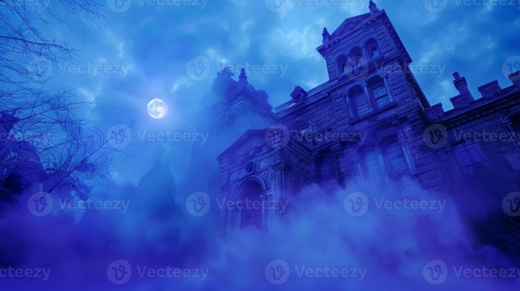 Mysterious large house at twilight surrounded by fog. Concept of haunted mansion, spooky atmosphere, eerie twilight, mysterious architecture, Halloween photo