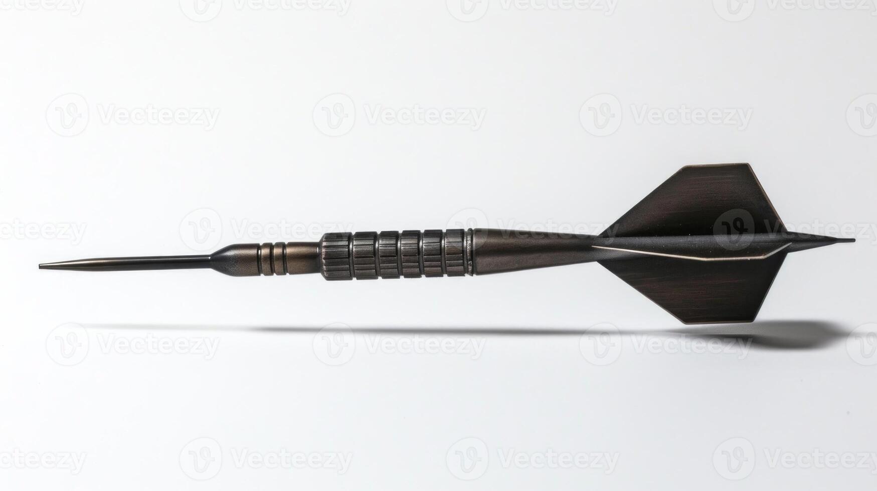 Metallic dart with black wings isolated on a white background. Concept of precision sport, dart game, accuracy, and competition photo