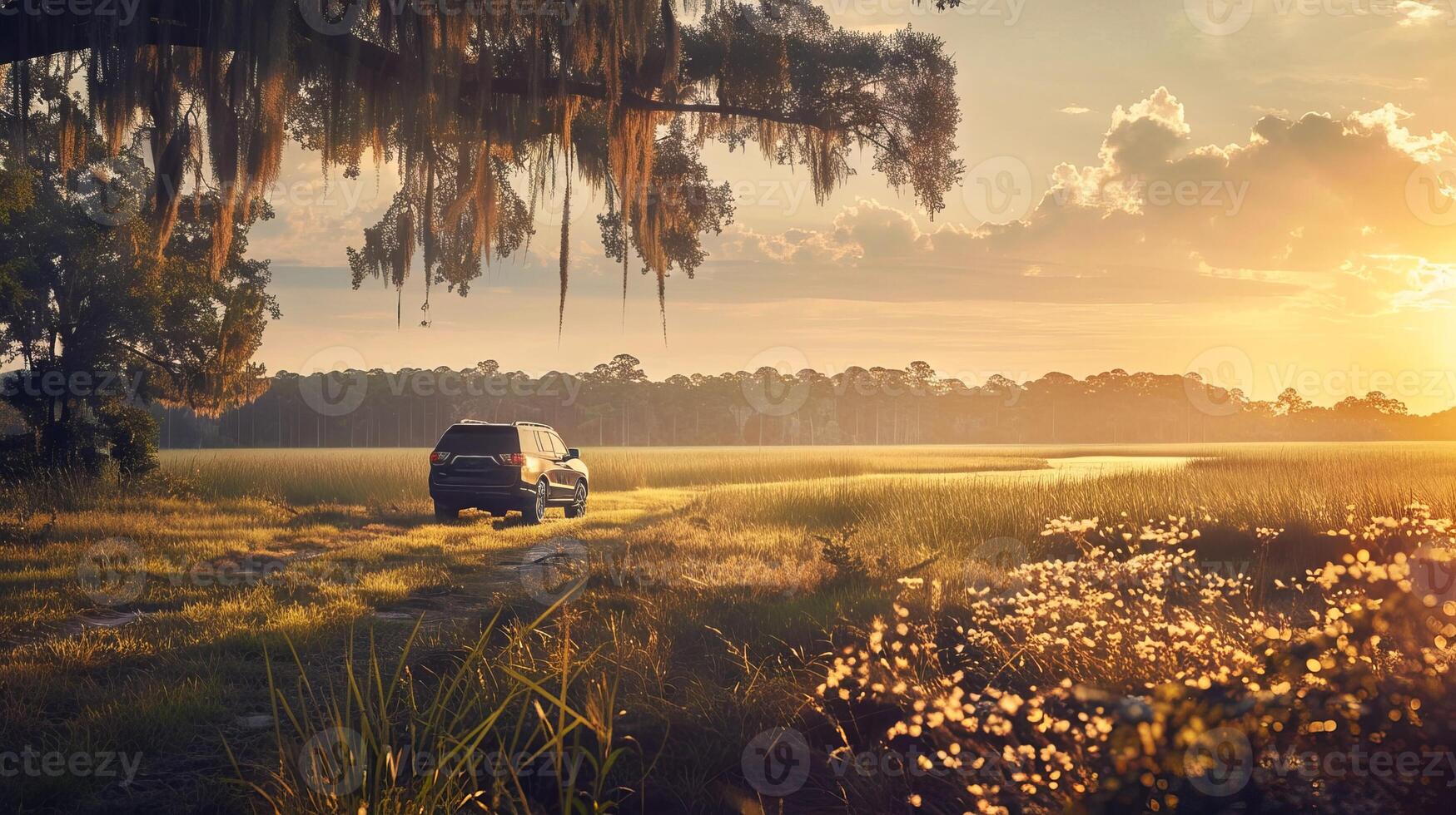 SUV on a foggy road in savannah landscape. Vehicle driving fast in natural setting. Concepts of travel, adventure, off-road, and nature photo