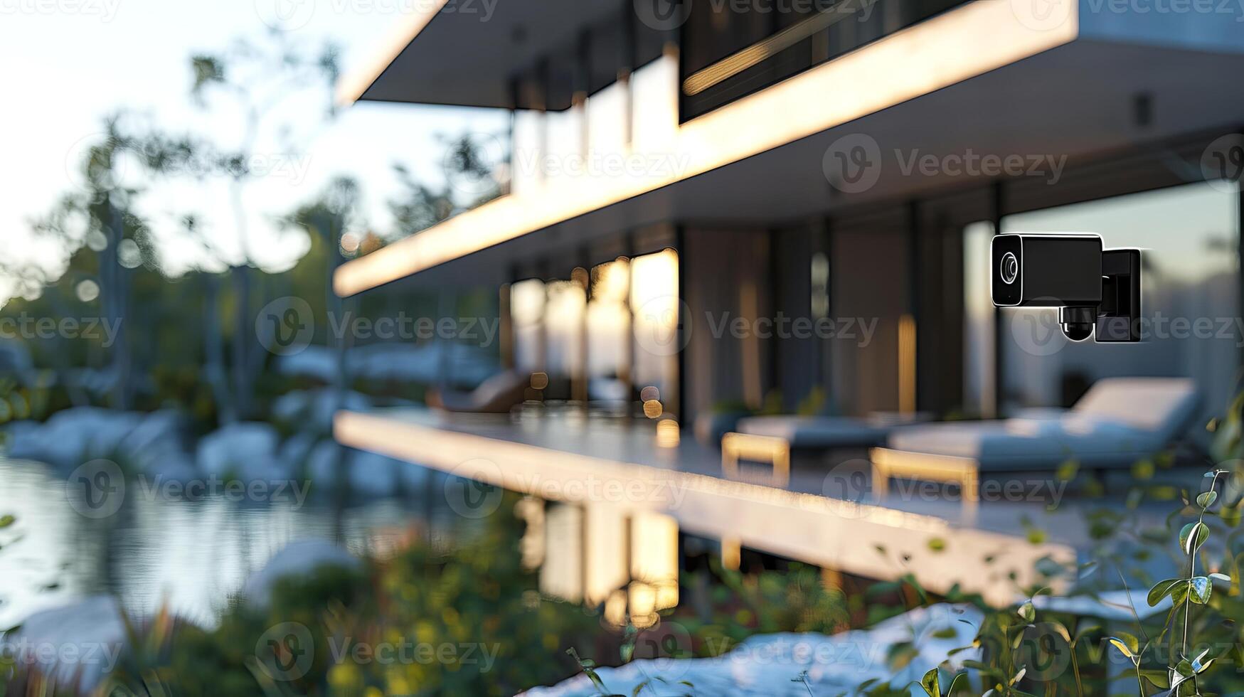 Modern smart security camera monitoring a luxury lakeside house. Concept of home security, smart technology, modern living, surveillance photo