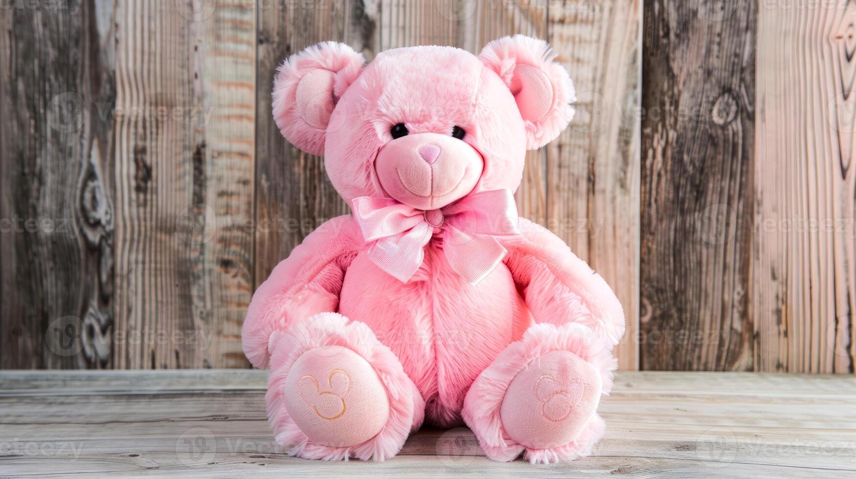 Pink plush bear with a bow sitting on a wooden background. Cute stuffed animal. Concept of childhood, toys, innocence, playtime photo