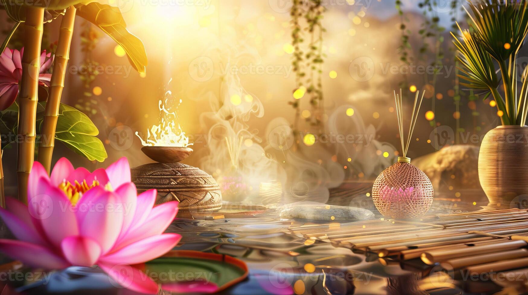 Relaxing Thai spa scene with pink lotus, bamboo, and scent diffusers on water. Peaceful spa setting in a lush water garden. Concept of tranquility, natural wellness, spa atmosphere, rejuvenation. photo