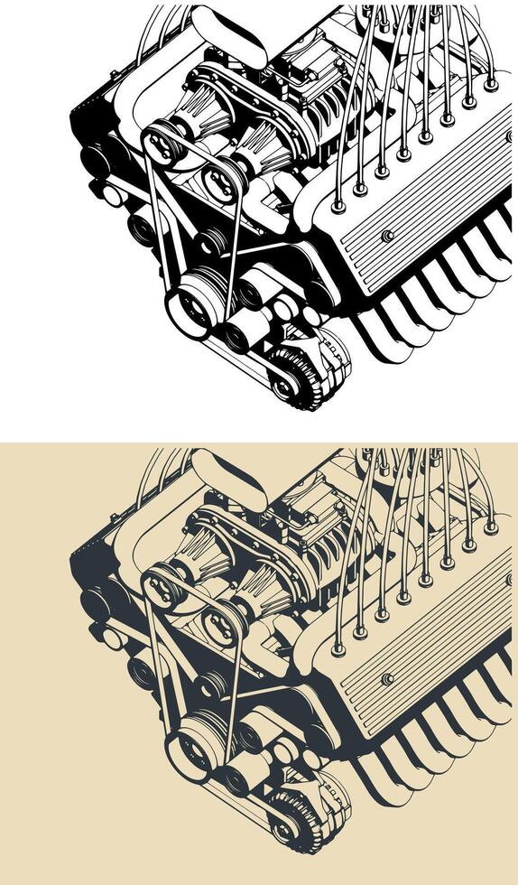 V engine close-up illustrations vector