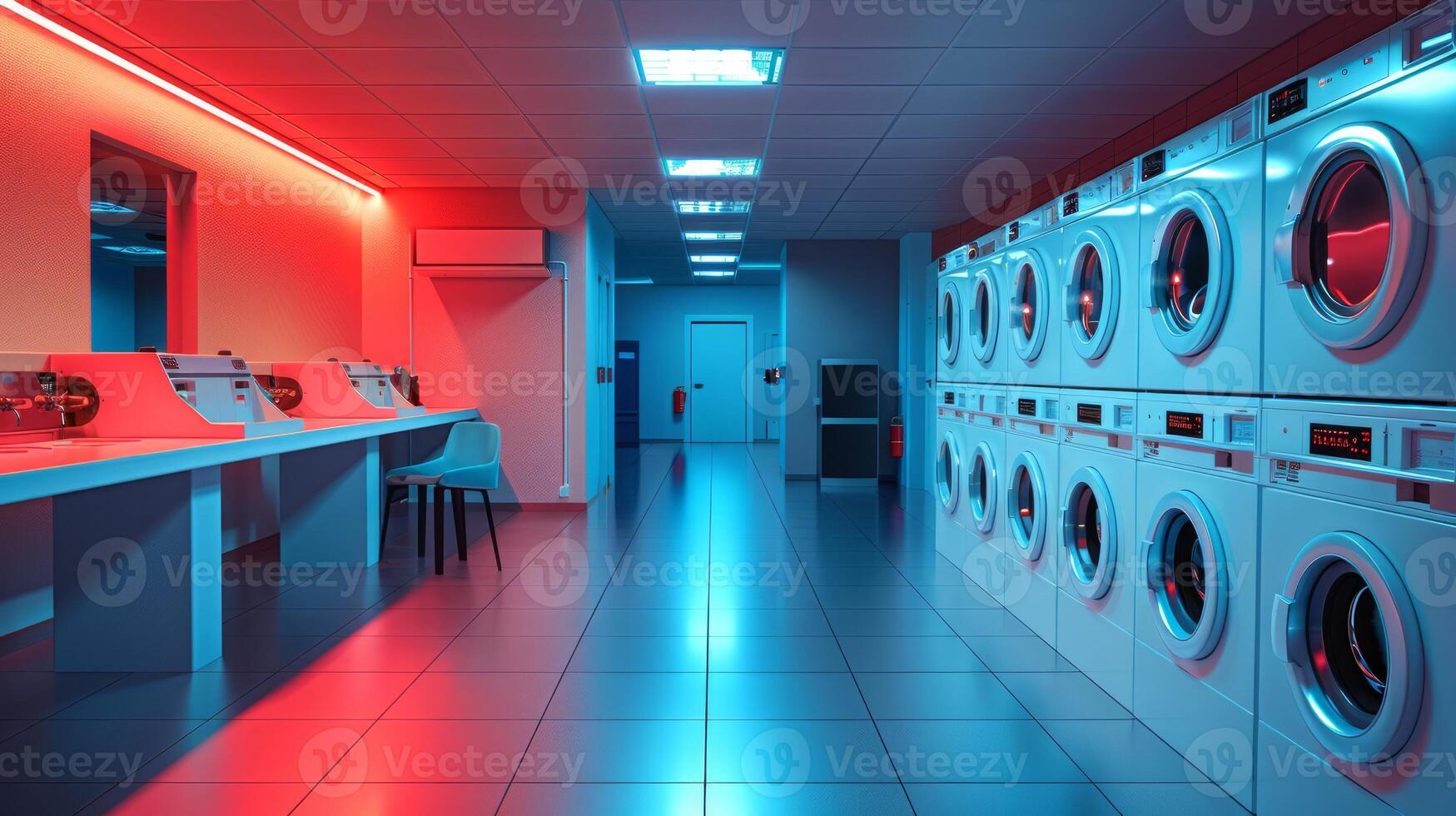 High-tech laundromat featuring sleek machines and neon illumination. Futuristic and efficient laundry space. Concept of modern amenities, public service. photo