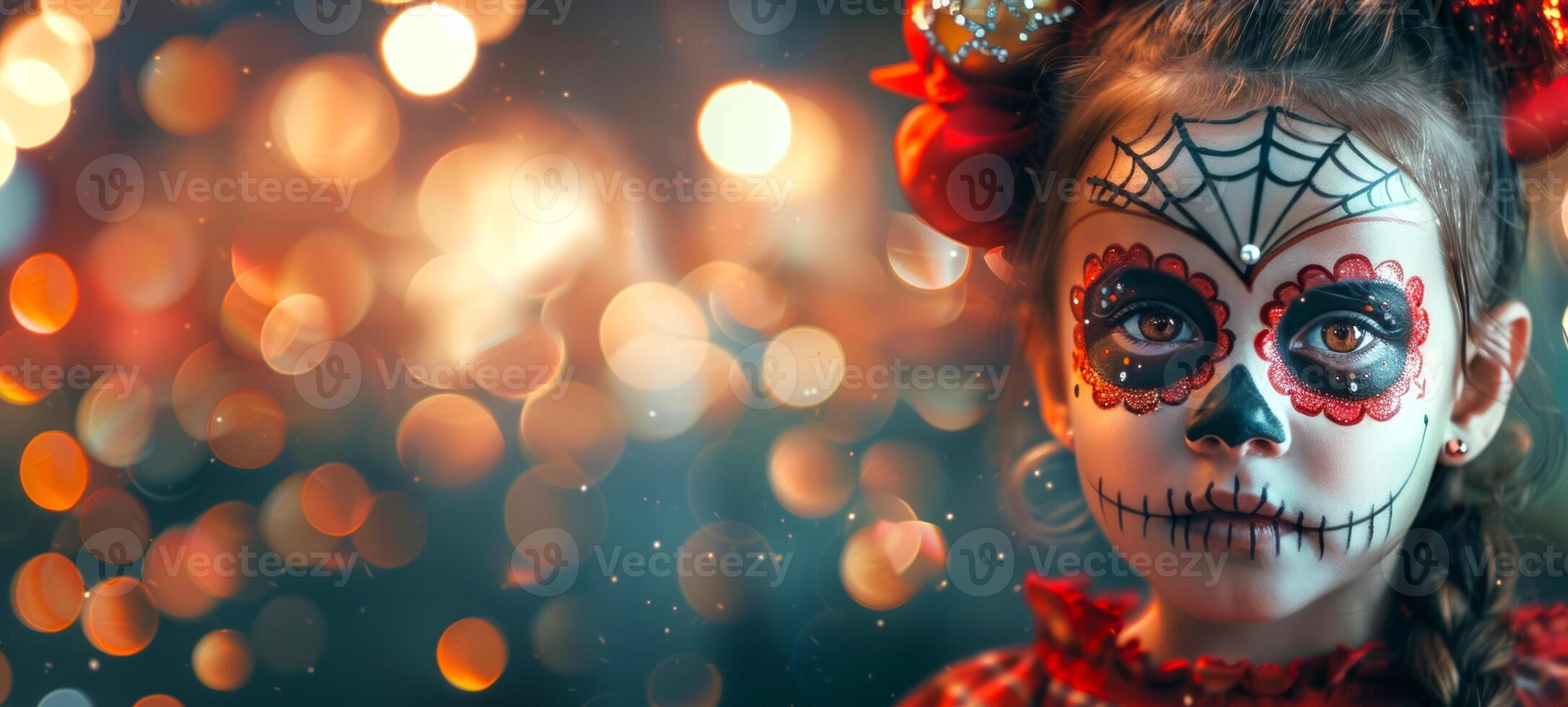 Girl with festive sugar skull face paint on bokeh background. Child with artistic Dia de los Muertos makeup. Concept of Mexican culture, Halloween celebration, and vibrant tradition. Space for text photo